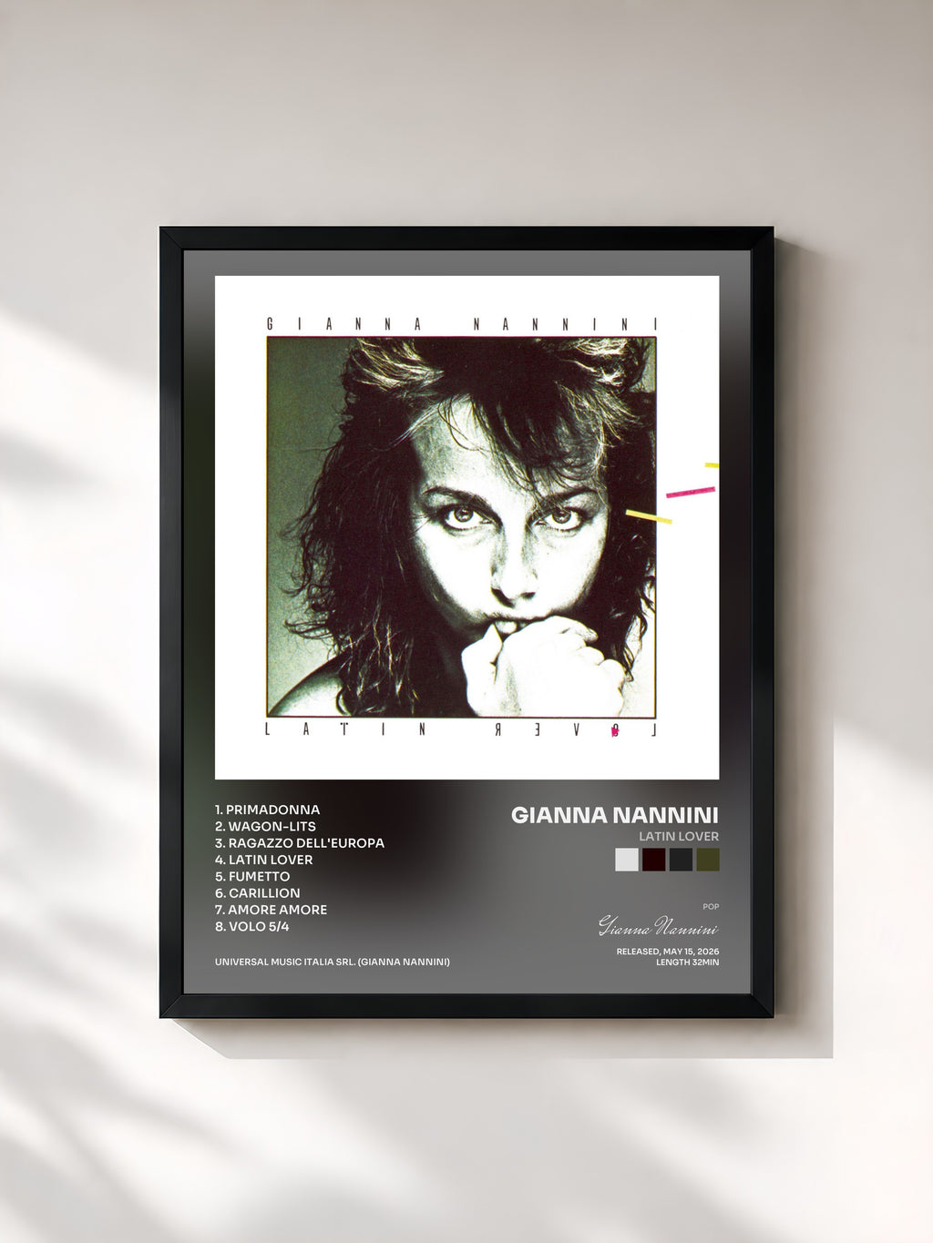 #noir Tableau de l'album Latin Lover de Gianna Nannini, cadre noir, imprimé et encadré en France