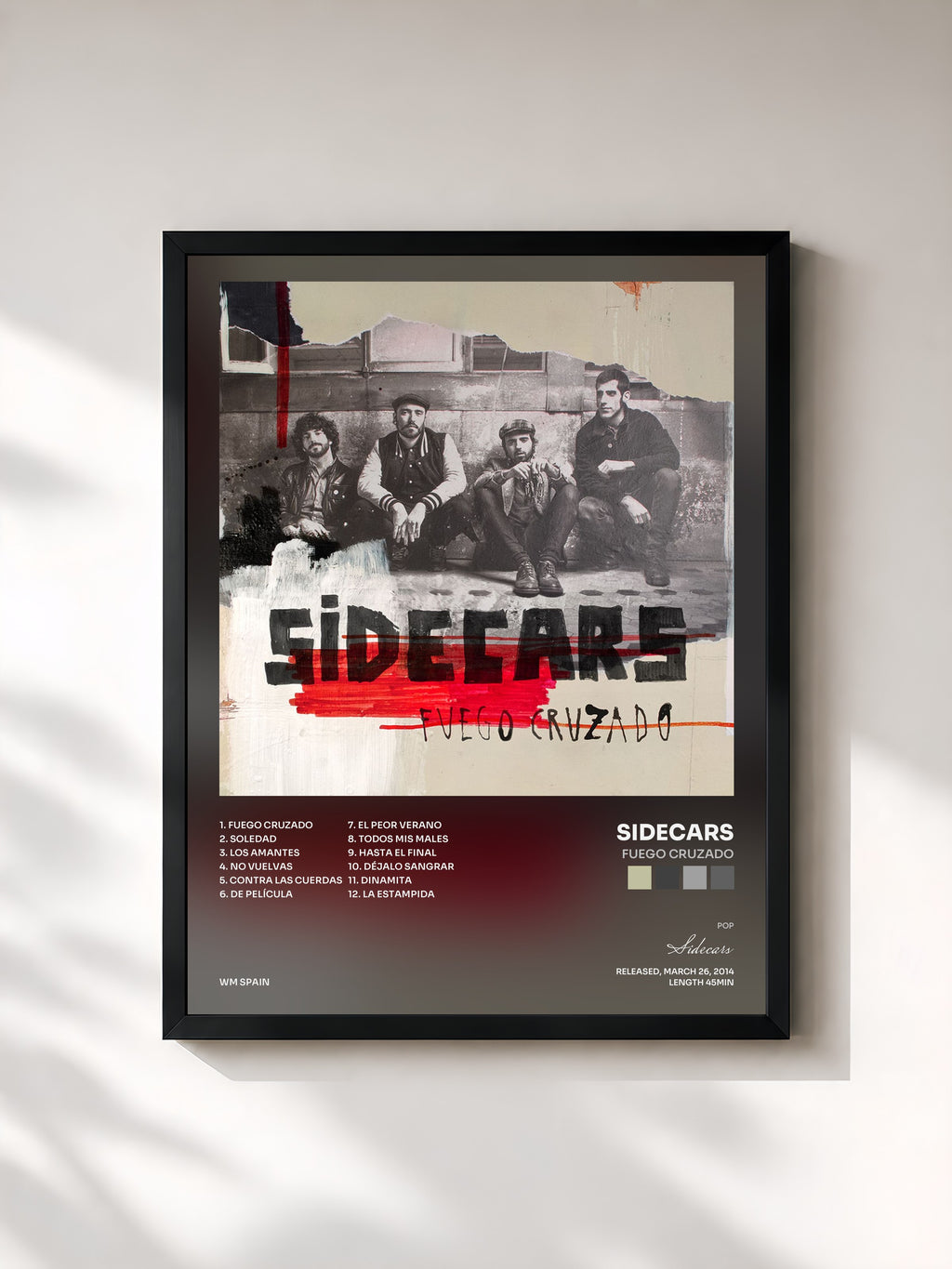 #noir Tableau de l'album Fuego cruzado de Sidecars, cadre noir, imprimé et encadré en France