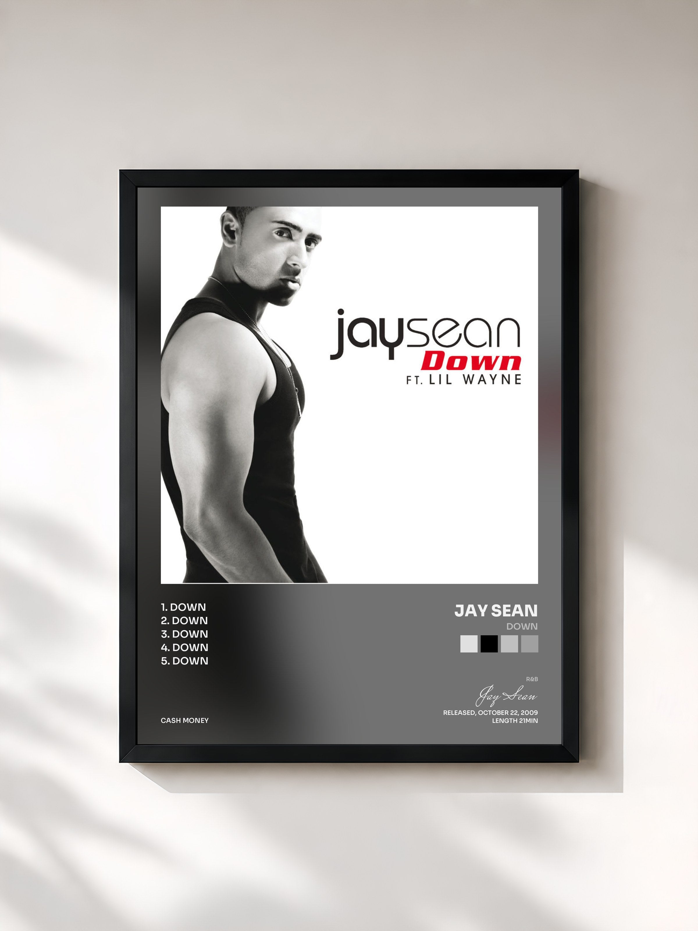 #noir Tableau de l'album Down de Jay Sean, cadre noir, imprimé et encadré en France