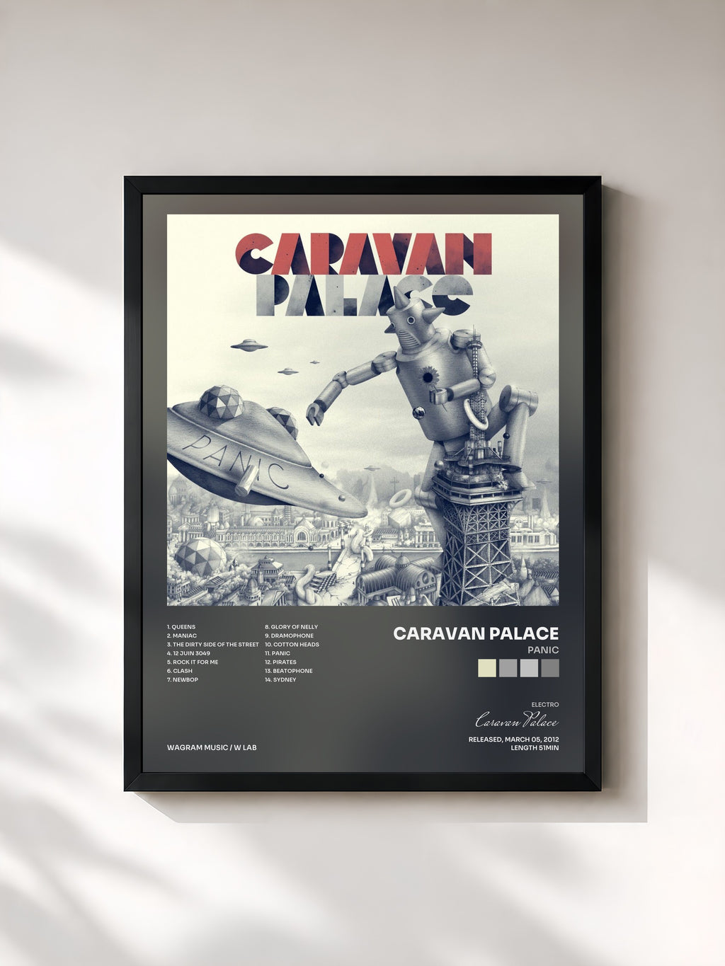 #noir Tableau de l'album Panic de Caravan Palace, cadre noir, imprimé et encadré en France