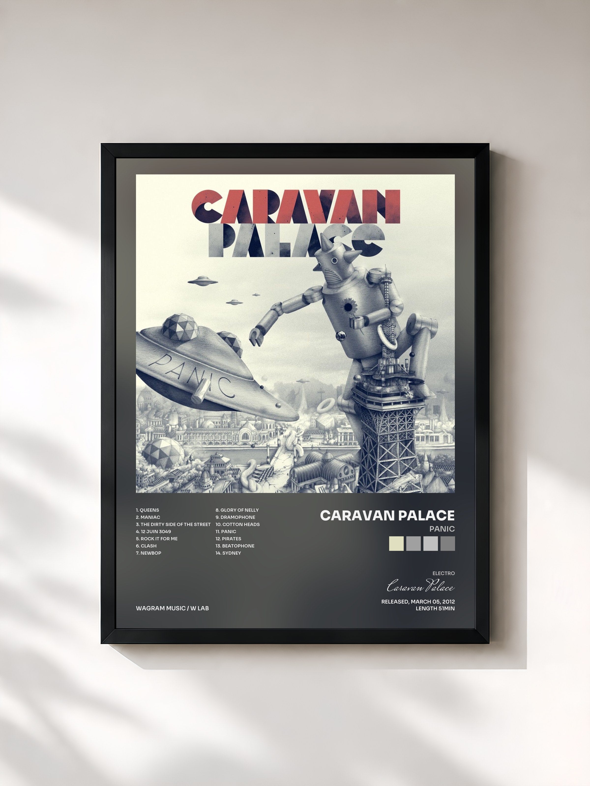 #noir Tableau de l'album Panic de Caravan Palace, cadre noir, imprimé et encadré en France