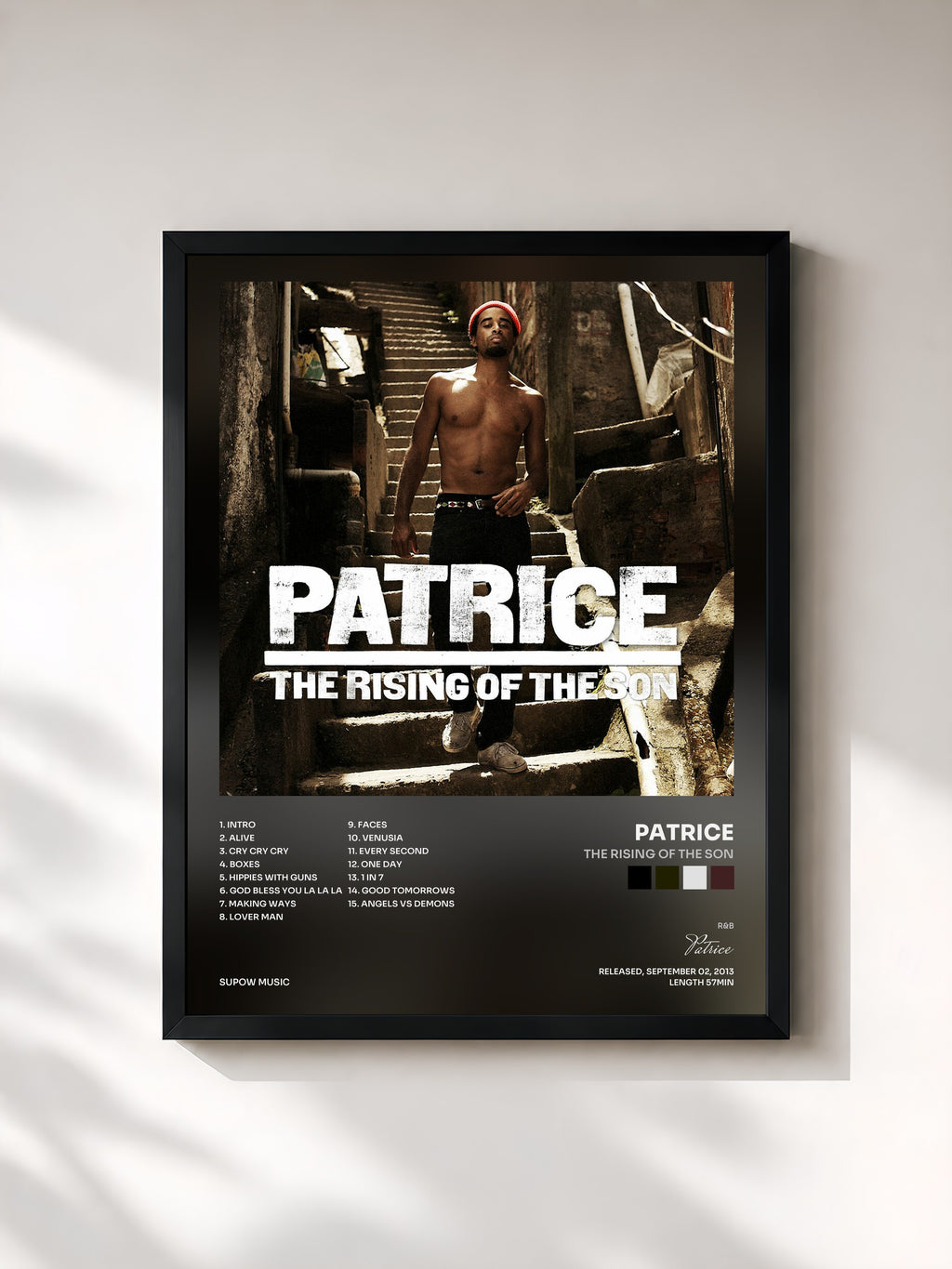 #noir Tableau de l'album The Rising of the Son de Patrice, cadre noir, imprimé et encadré en France