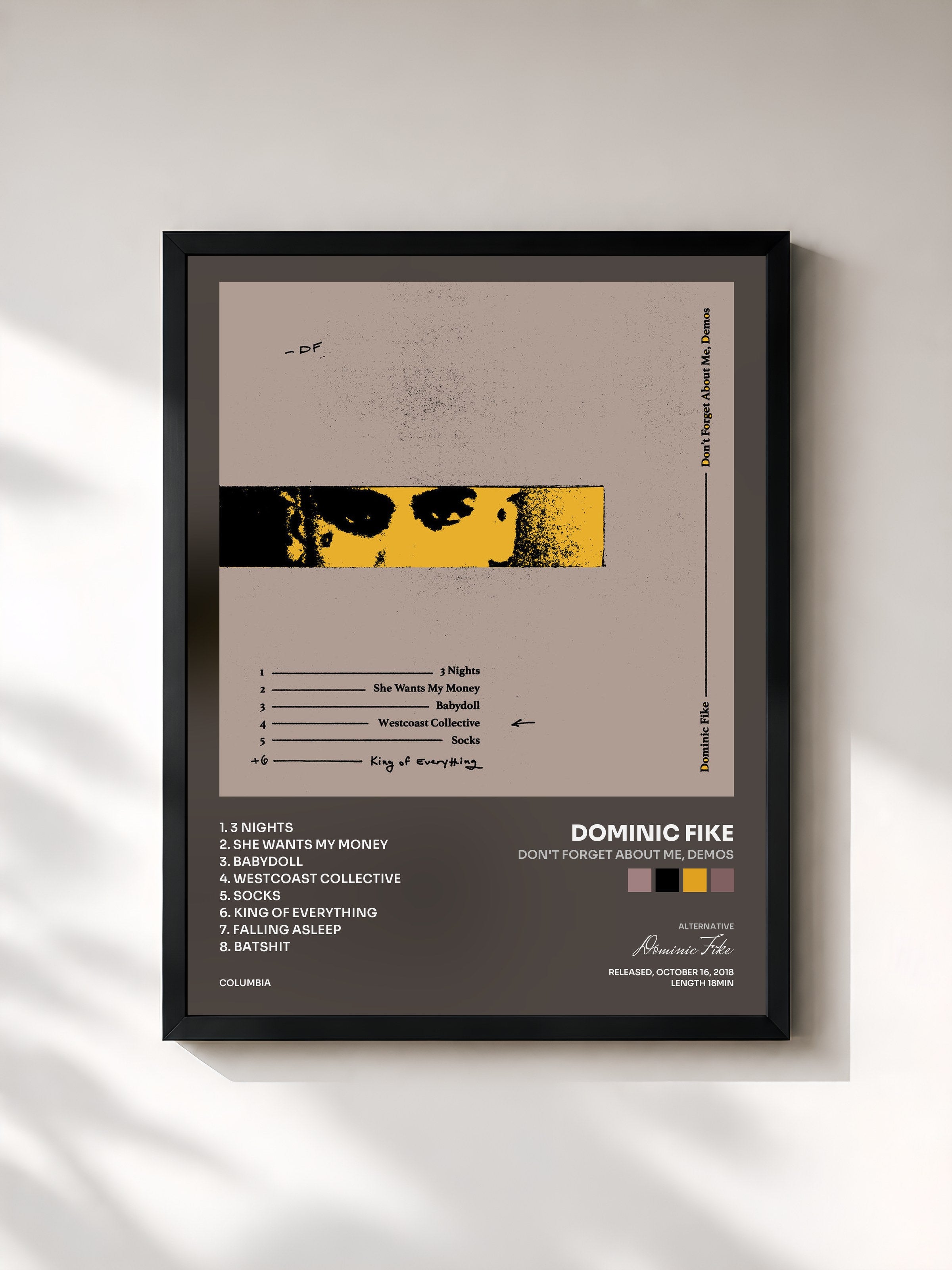 #noir Tableau de l'album Don't Forget About Me, Demos de Dominic Fike, cadre noir, imprimé et encadré en France