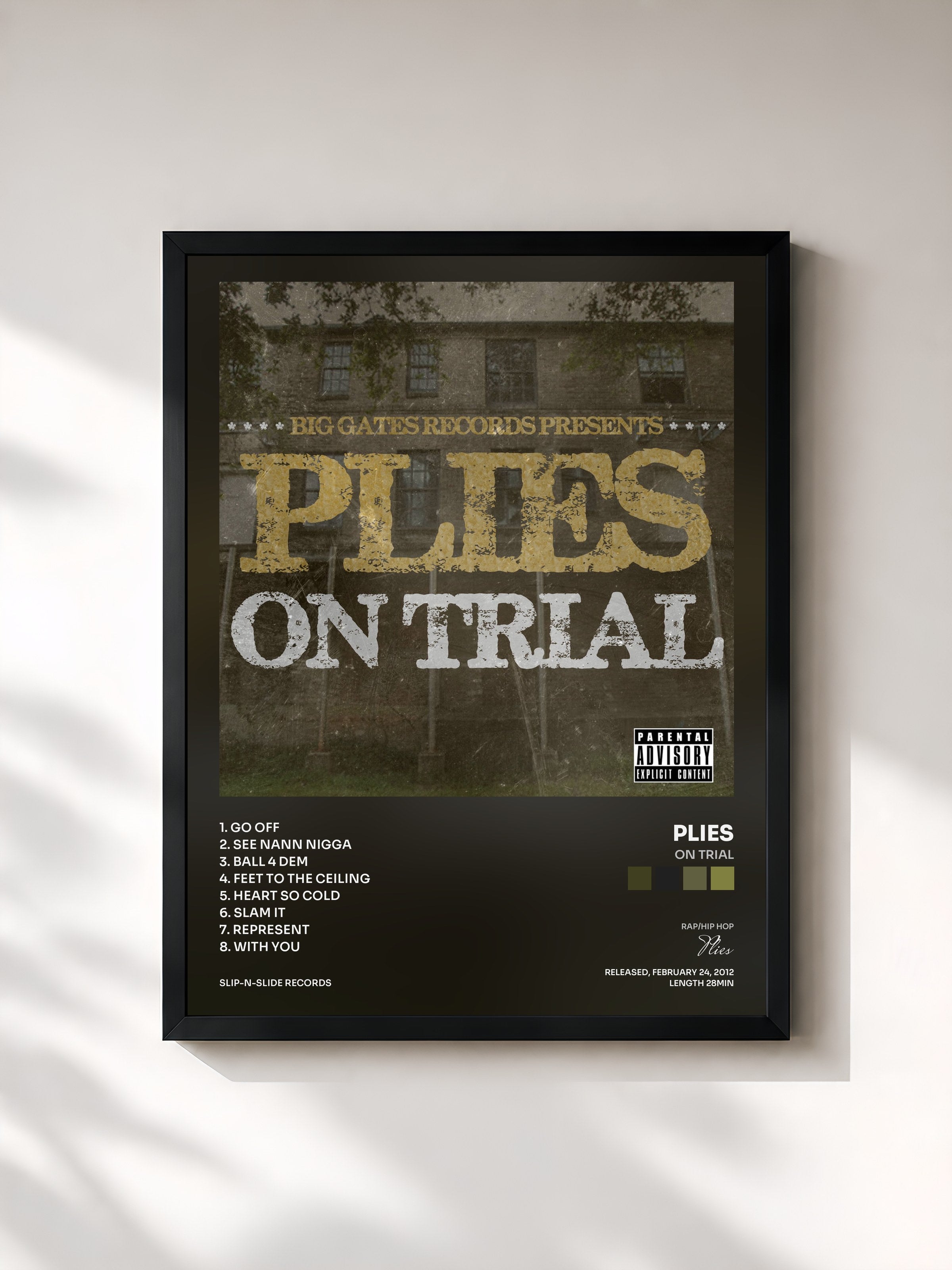 #noir Tableau de l'album On Trial de Plies, cadre noir, imprimé et encadré en France