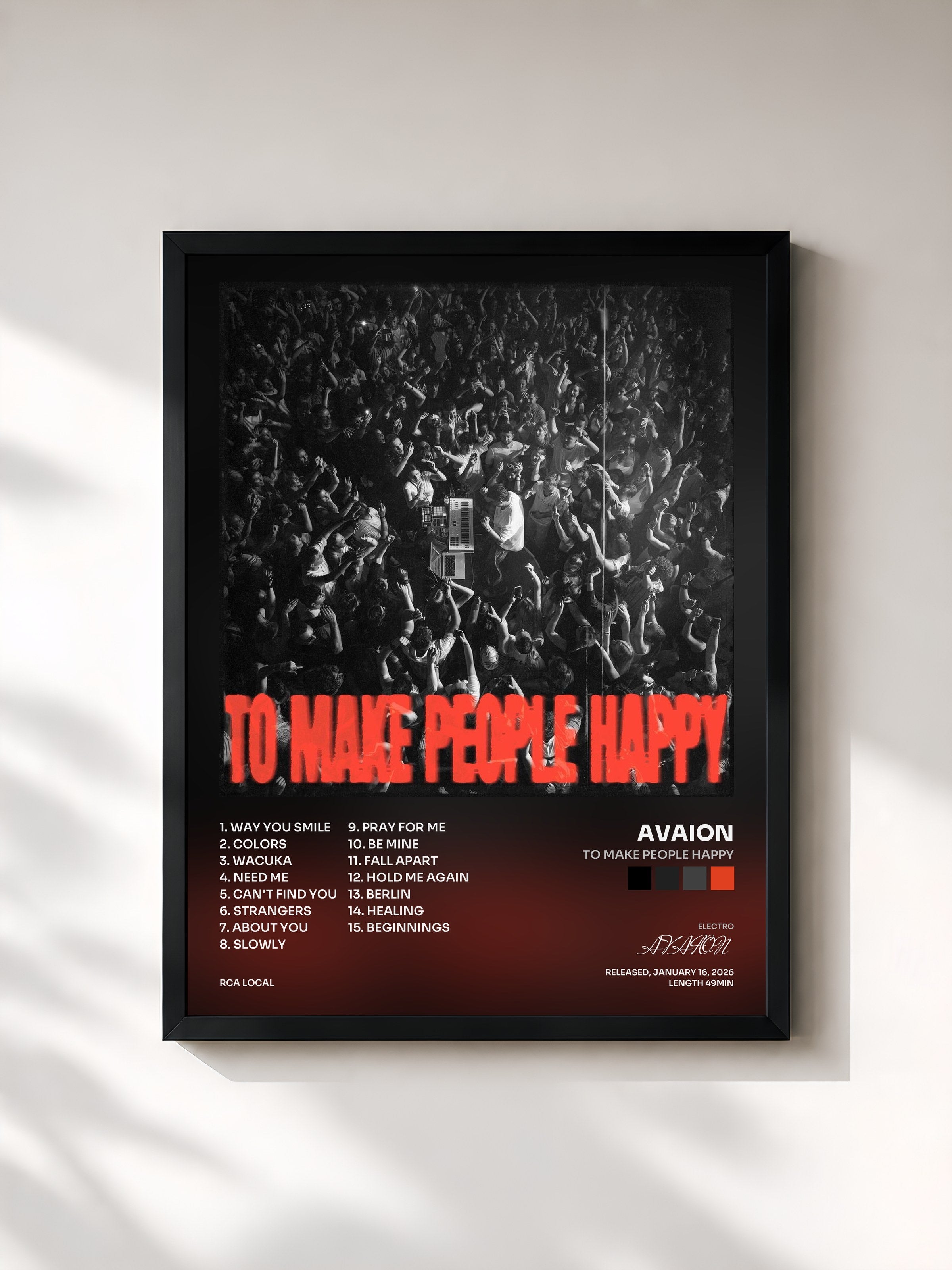 #noir Tableau de l'album TO MAKE PEOPLE HAPPY de AVAION, cadre noir, imprimé et encadré en France