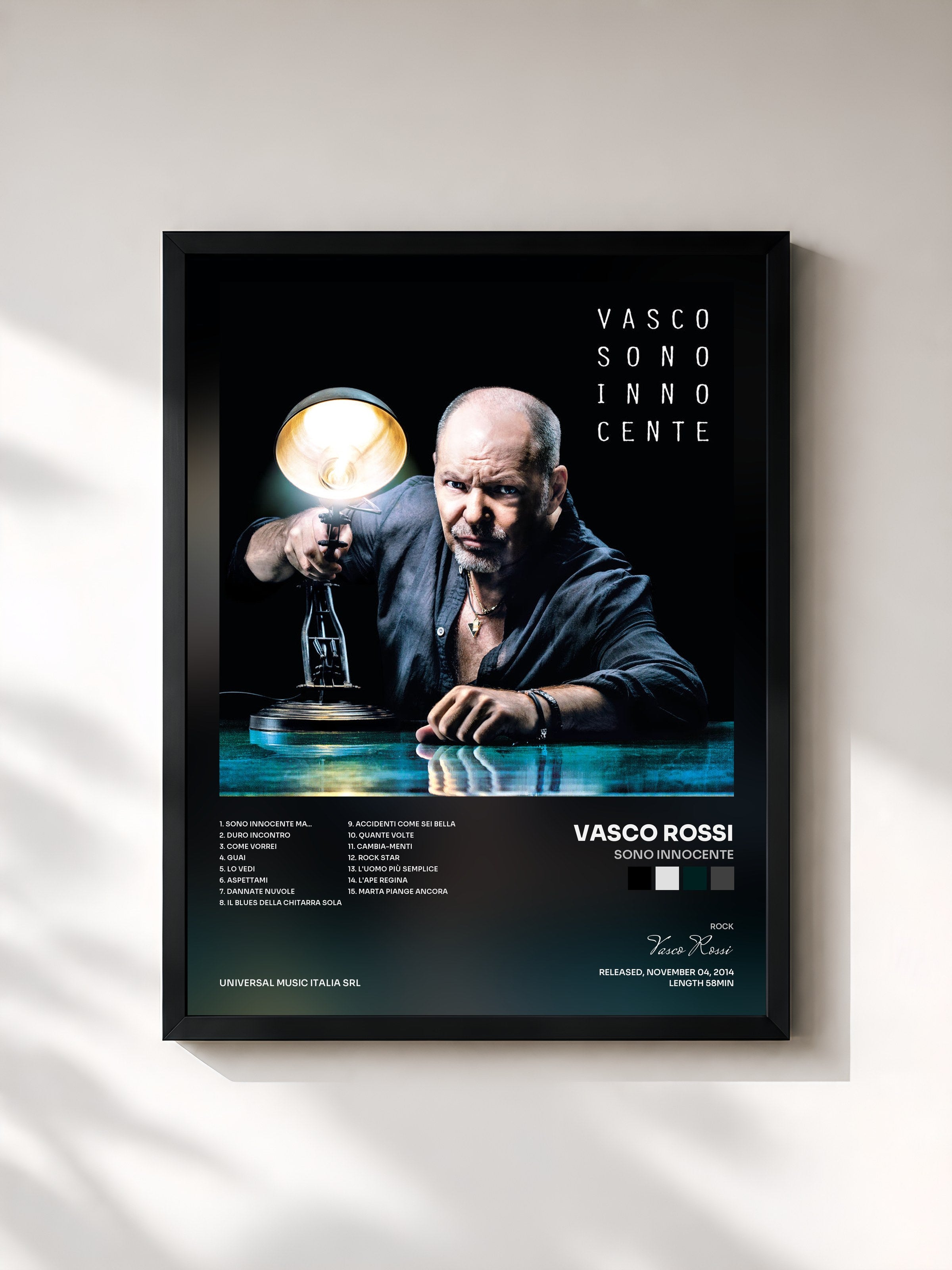 #noir Tableau de l'album Sono Innocente de Vasco Rossi, cadre noir, imprimé et encadré en France
