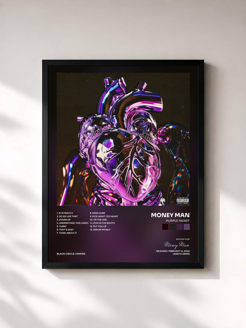 #noir Tableau de l'album Purple Heart de Money Man, cadre noir, imprimé et encadré en France
