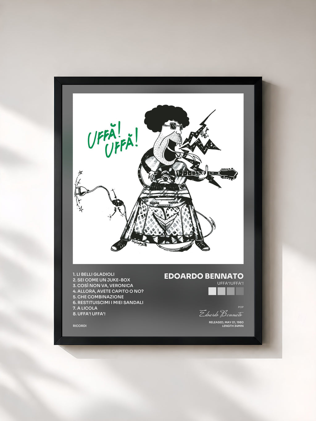 #noir Tableau de l'album Uffa'!Uffa'! de Edoardo Bennato, cadre noir, imprimé et encadré en France