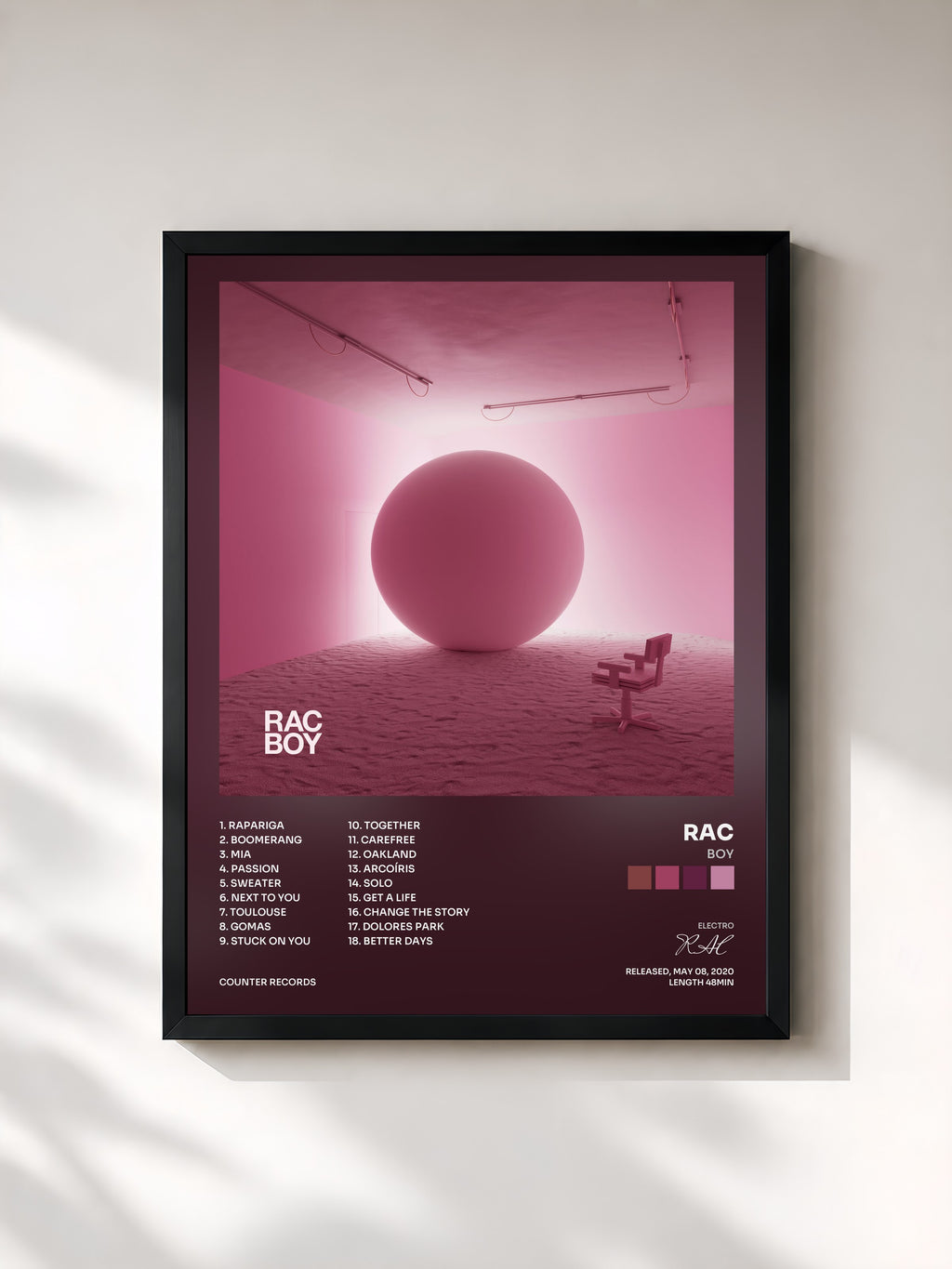 #noir Tableau de l'album BOY de RAC, cadre noir, imprimé et encadré en France