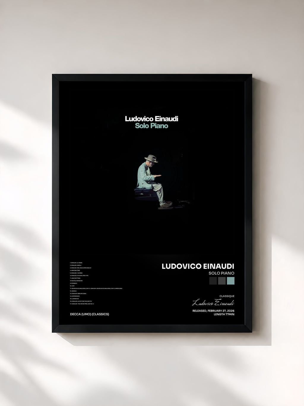 #noir Tableau de l'album Solo Piano de Ludovico Einaudi, cadre noir, imprimé et encadré en France