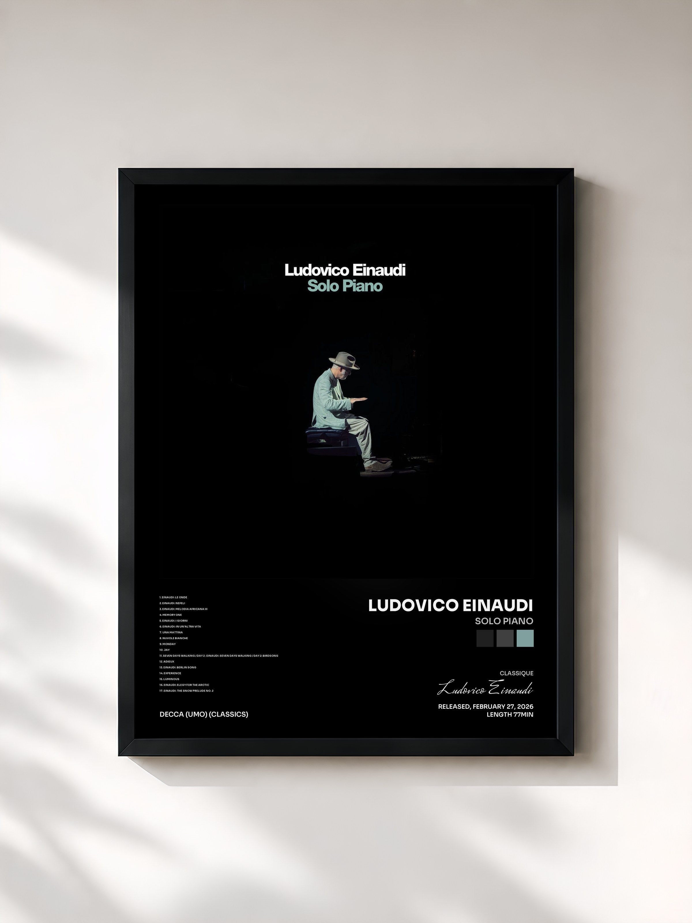 #noir Tableau de l'album Solo Piano de Ludovico Einaudi, cadre noir, imprimé et encadré en France