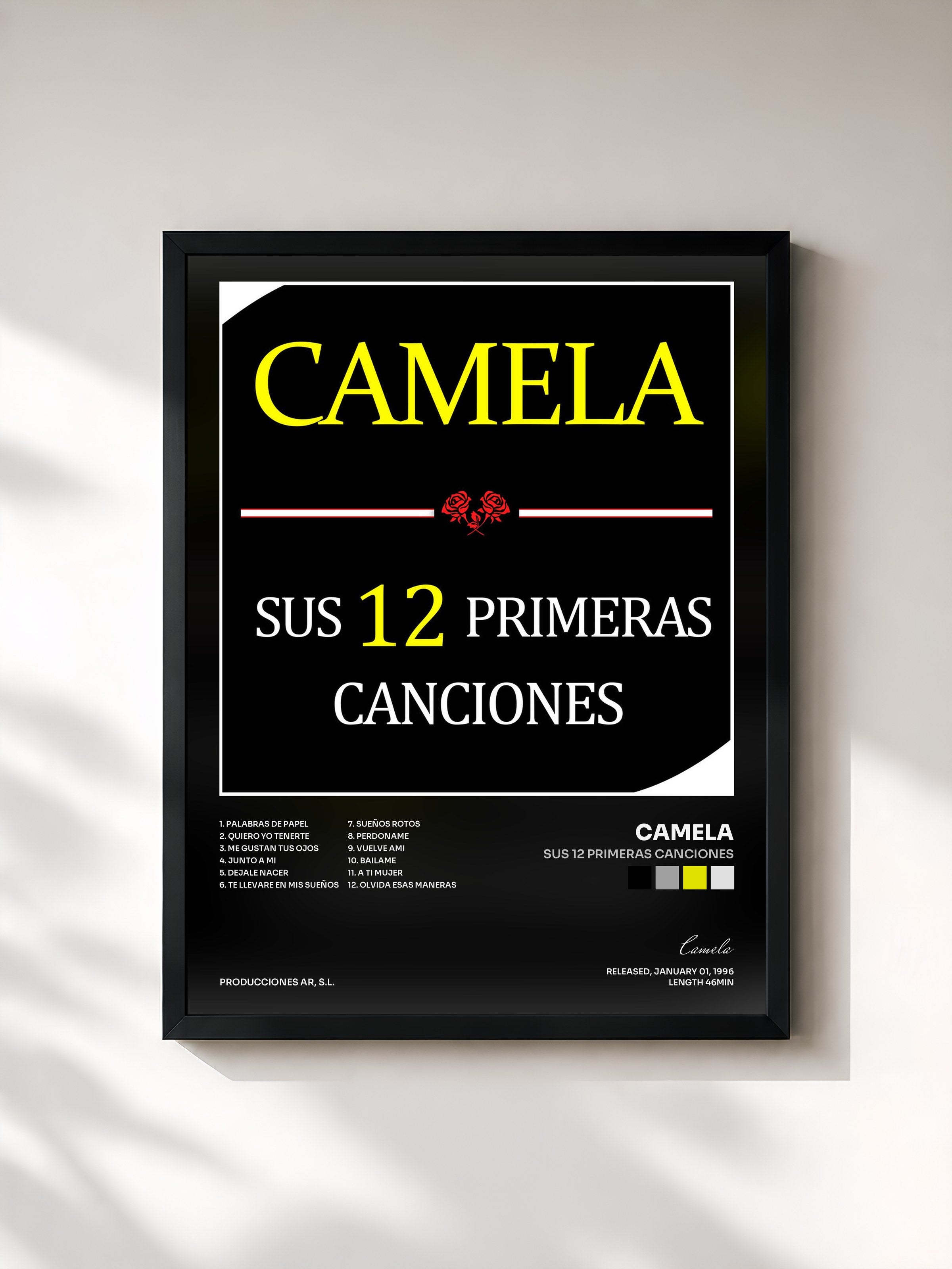 #noir Tableau de l'album Sus 12 Primeras Canciones de Camela, cadre noir, imprimé et encadré en France