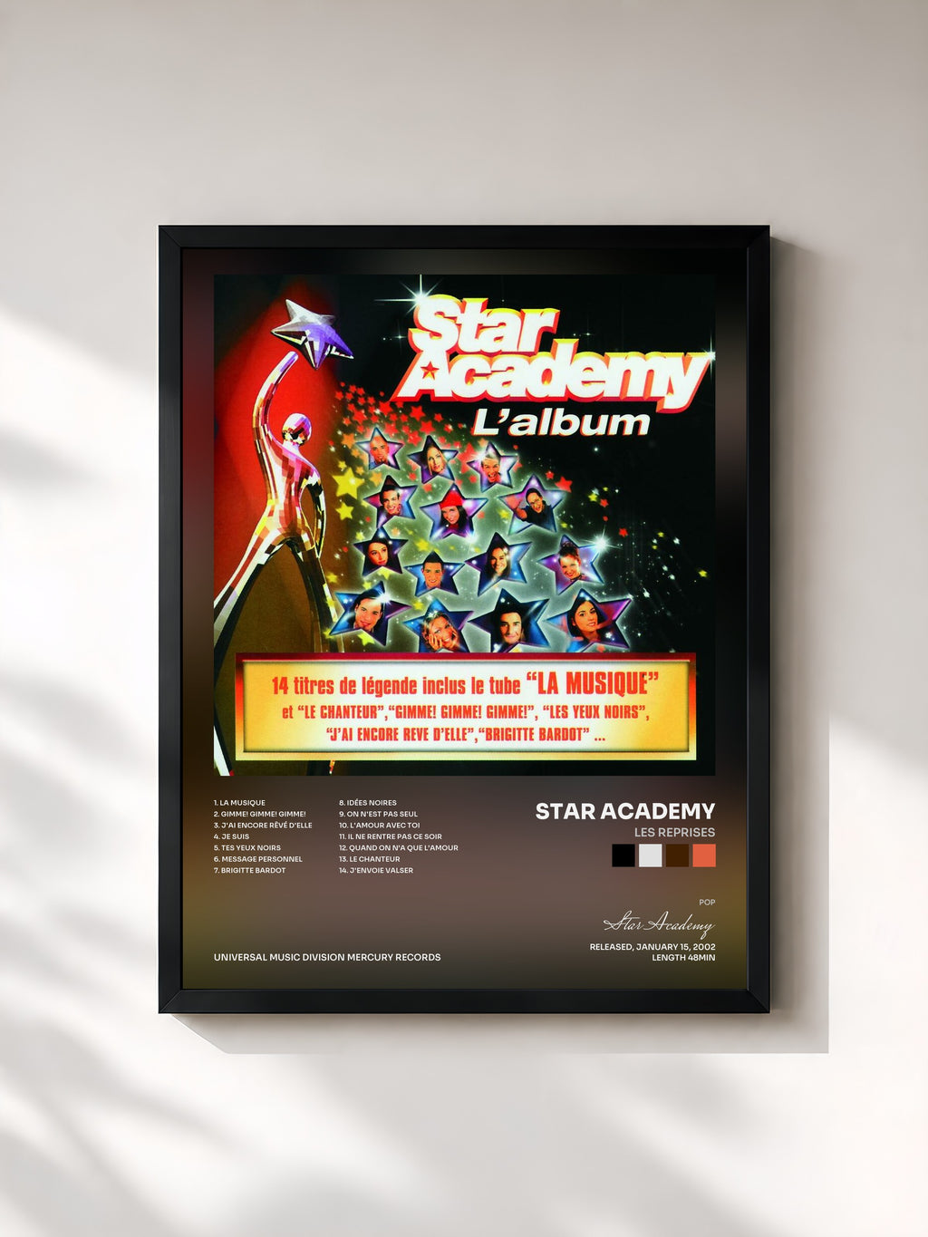 #noir Tableau de l'album Les Reprises de Star Academy, cadre noir, imprimé et encadré en France