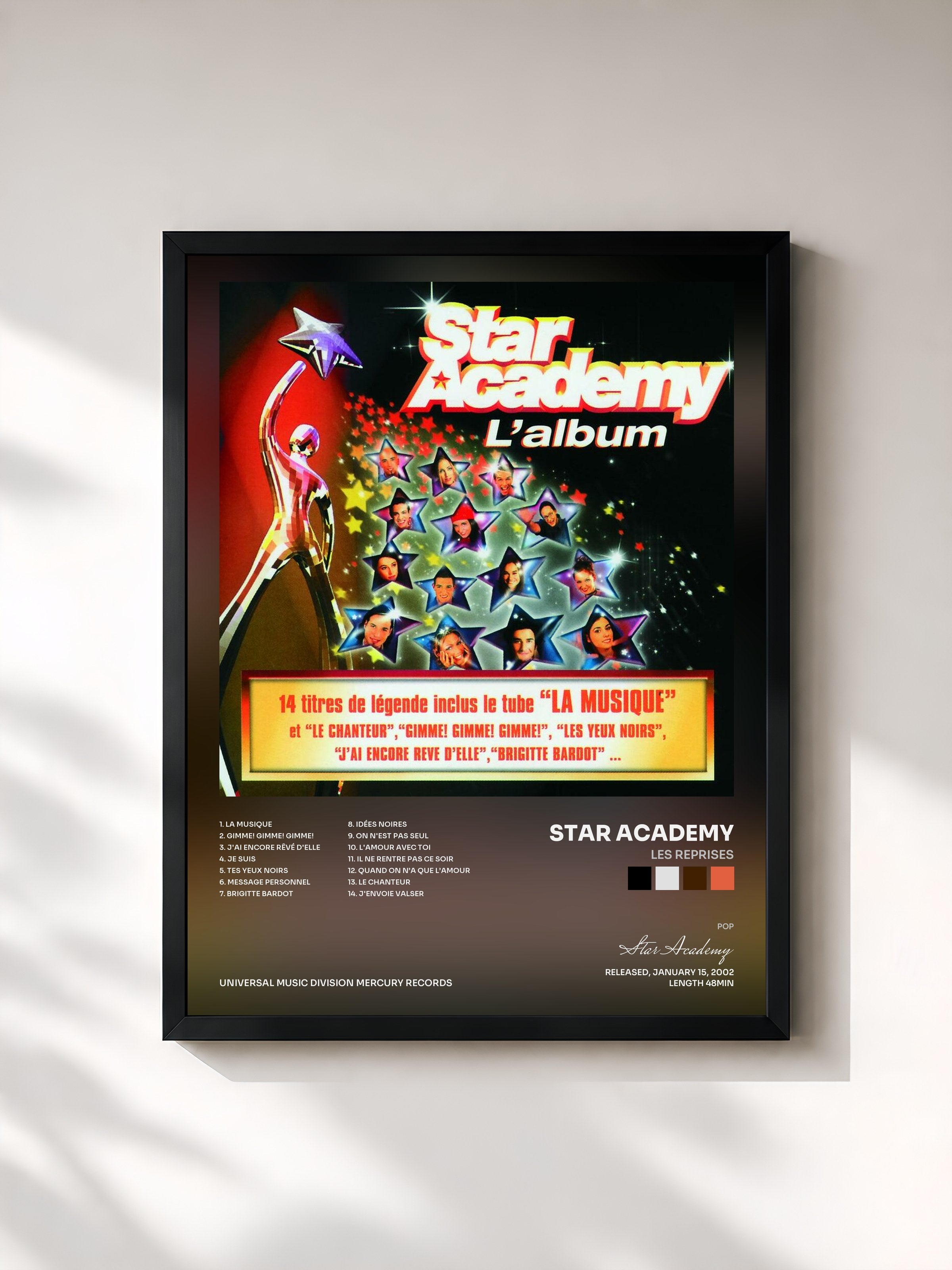 #noir Tableau de l'album Les Reprises de Star Academy, cadre noir, imprimé et encadré en France