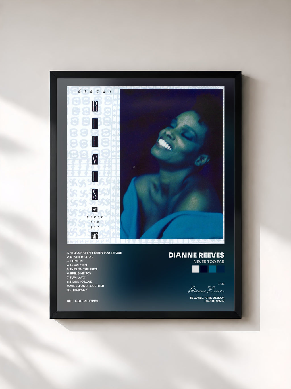 #noir Tableau de l'album Never Too Far de Dianne Reeves, cadre noir, imprimé et encadré en France