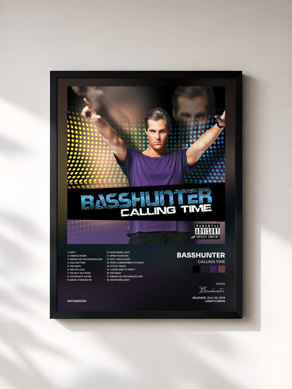 #noir Tableau de l'album Calling Time de Basshunter, cadre noir, imprimé et encadré en France