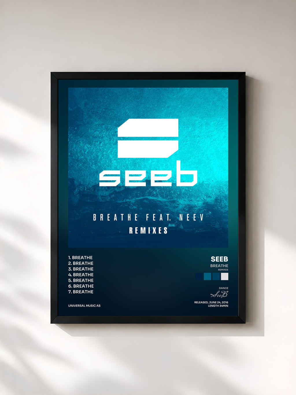 #noir Tableau de l'album Breathe (Remixes) de SeeB, cadre noir, imprimé et encadré en France