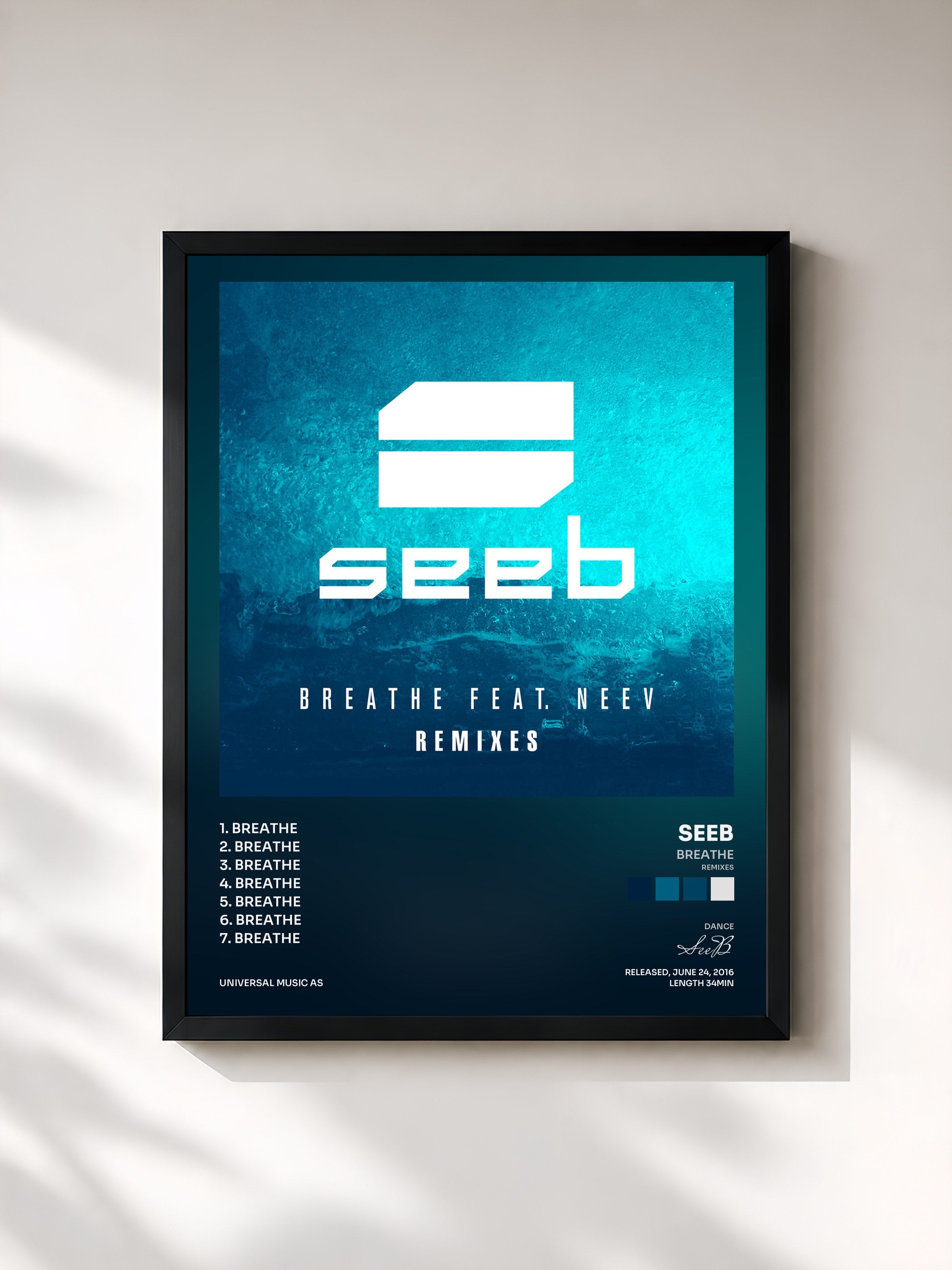 #noir Tableau de l'album Breathe (Remixes) de SeeB, cadre noir, imprimé et encadré en France