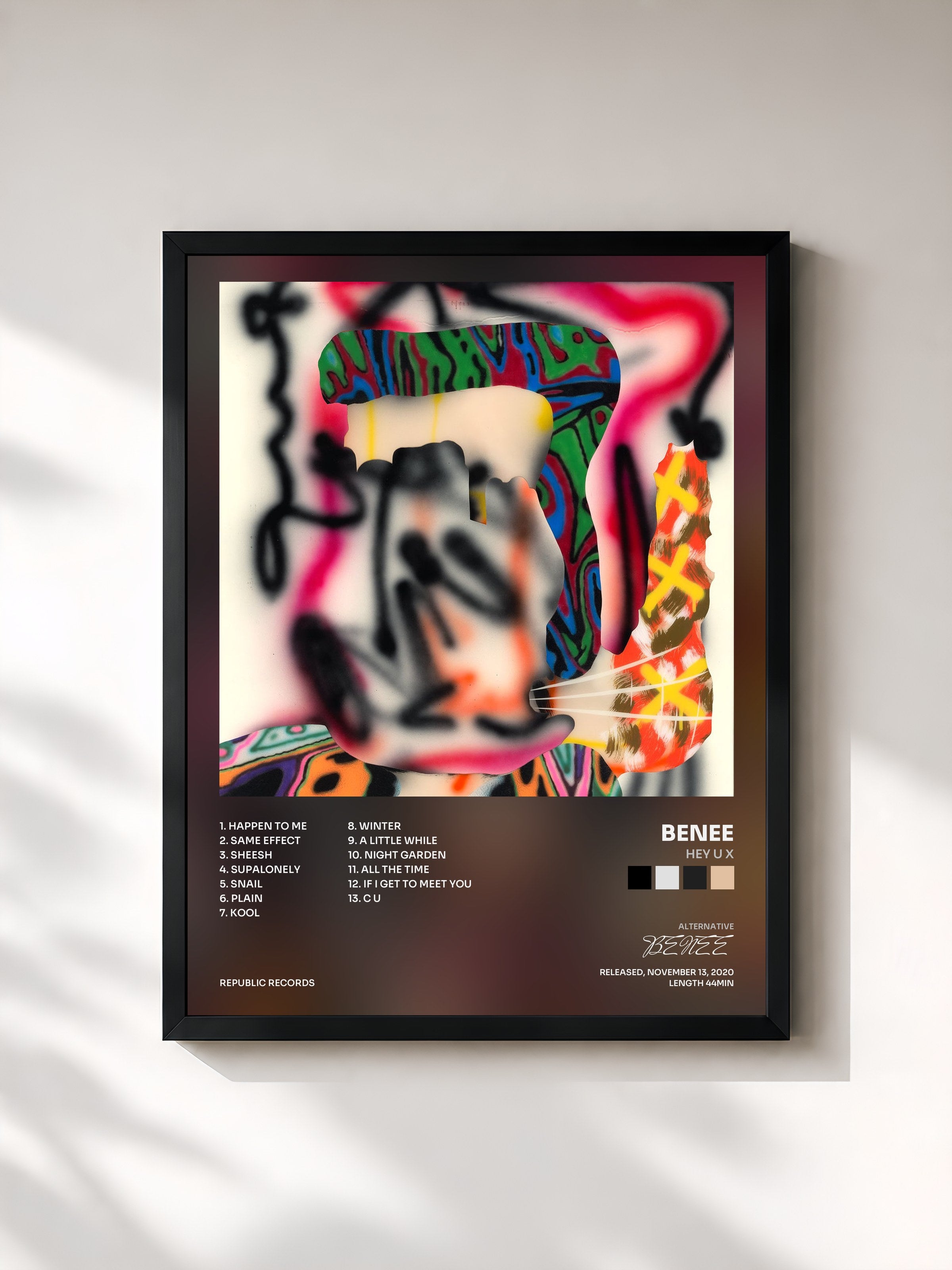 #noir Tableau de l'album Hey u x de BENEE, cadre noir, imprimé et encadré en France