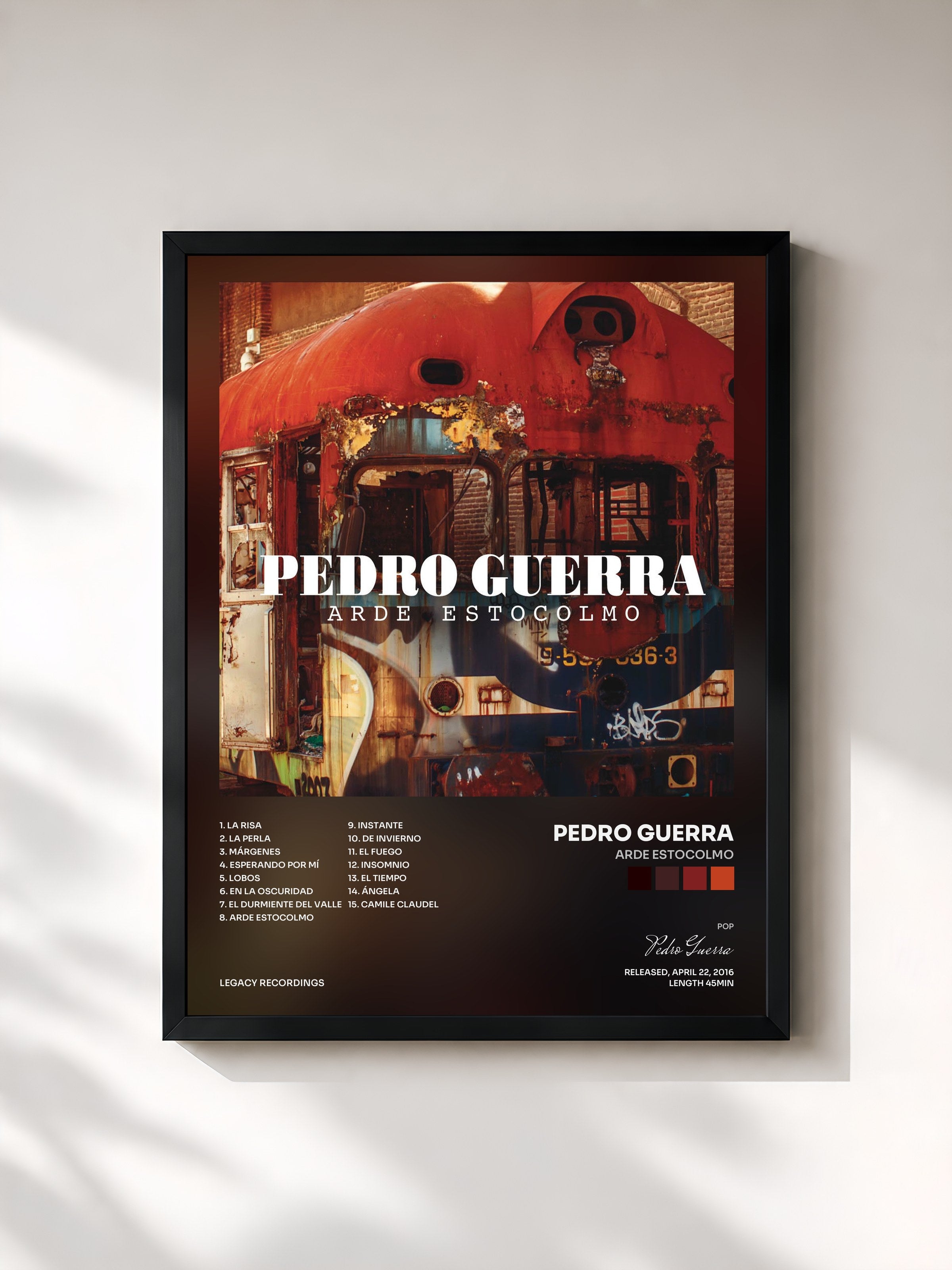 #noir Tableau de l'album Arde Estocolmo de Pedro Guerra, cadre noir, imprimé et encadré en France