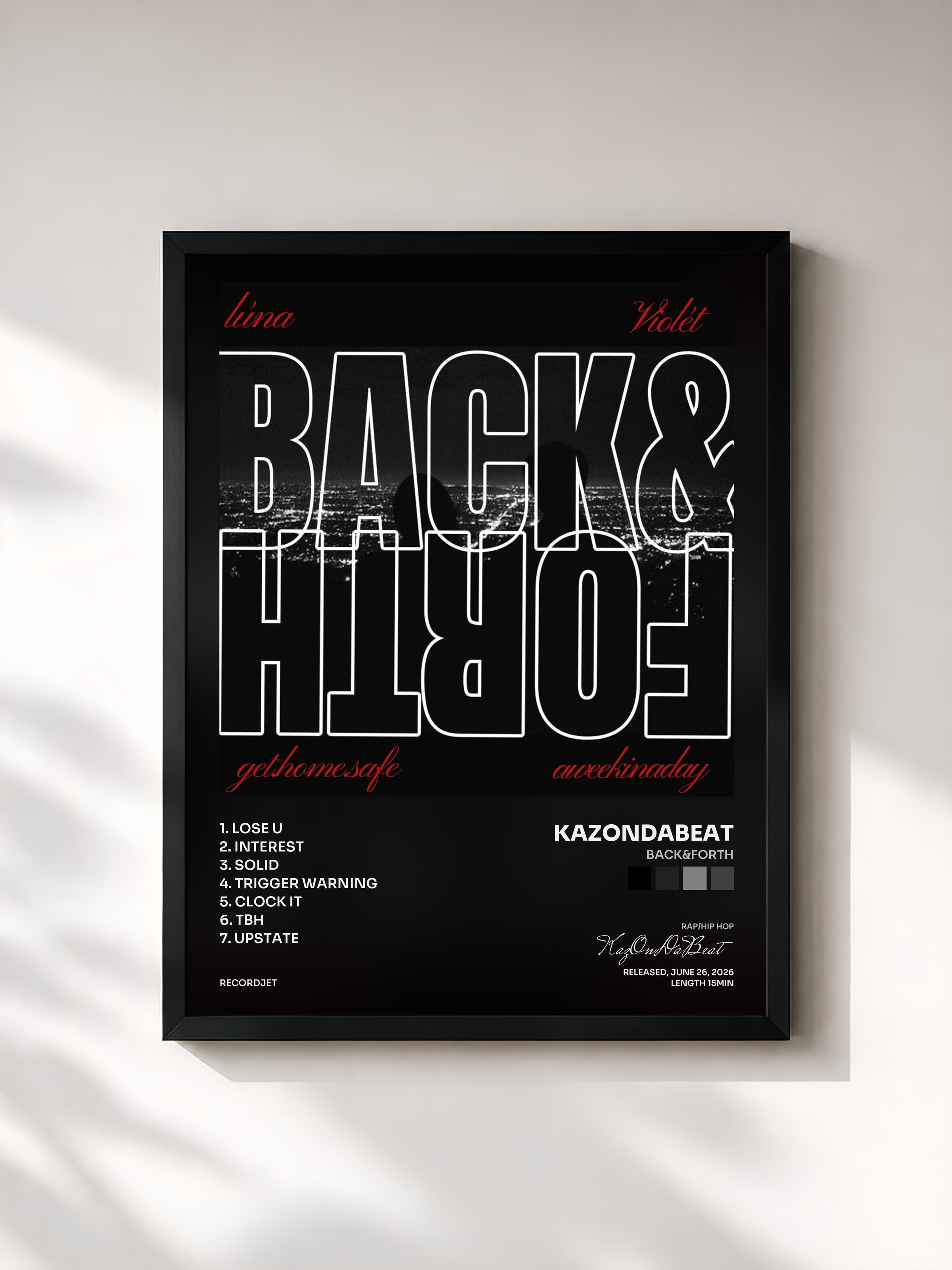 #noir Tableau de l'album BACK&FORTH de KazOnDaBeat, cadre noir, imprimé et encadré en France