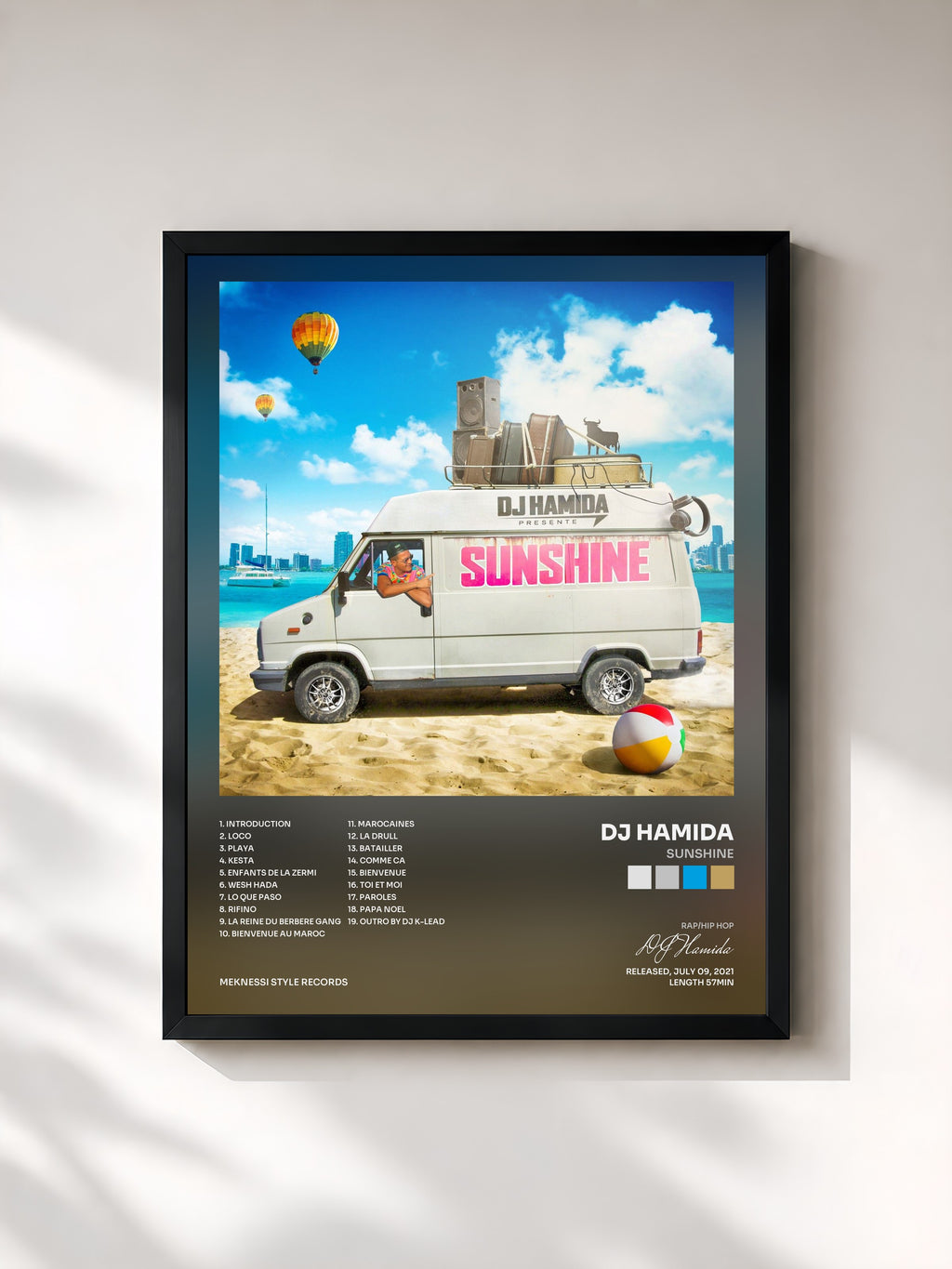 #noir Tableau de l'album Sunshine de DJ Hamida, cadre noir, imprimé et encadré en France
