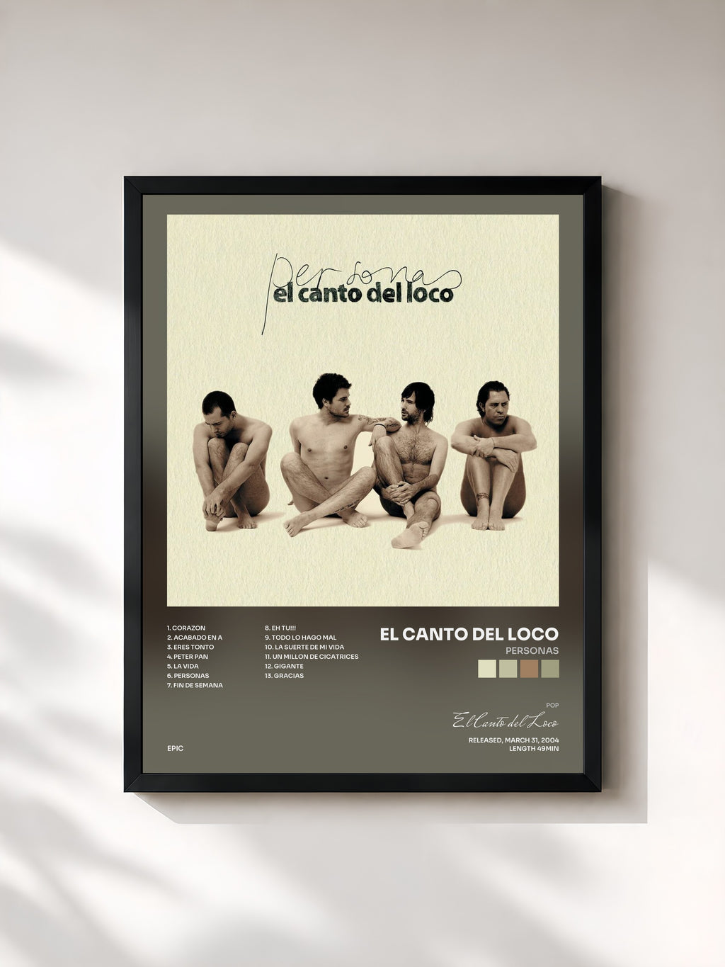 #noir Tableau de l'album Personas de El Canto del Loco, cadre noir, imprimé et encadré en France
