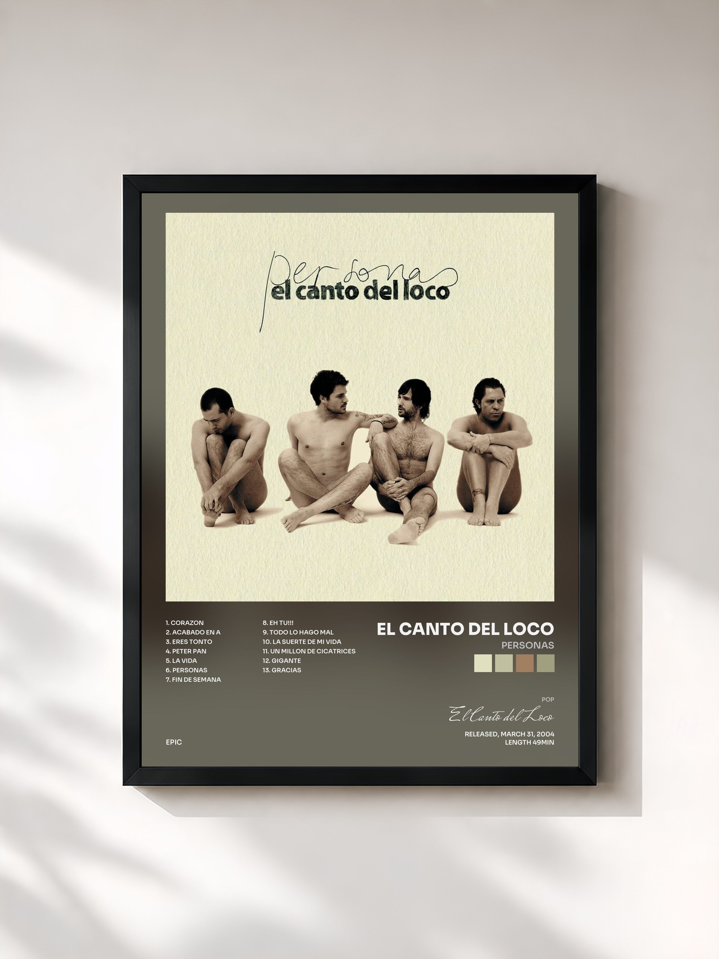 #noir Tableau de l'album Personas de El Canto del Loco, cadre noir, imprimé et encadré en France