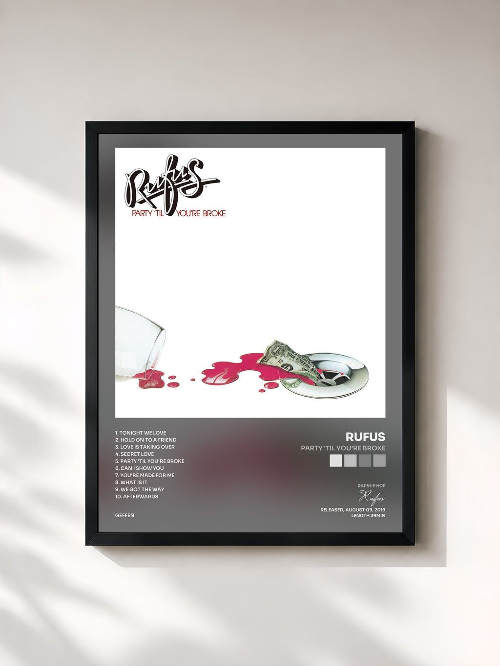 #noir Tableau de l'album Party 'Til You're Broke de Rufus, cadre noir, imprimé et encadré en France