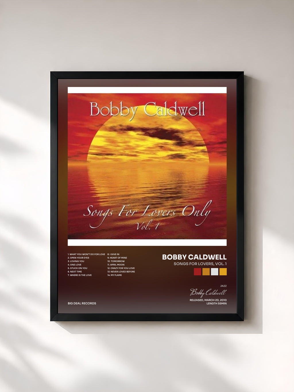 #noir Tableau de l'album Songs for Lovers, Vol. 1 de Bobby Caldwell, cadre noir, imprimé et encadré en France