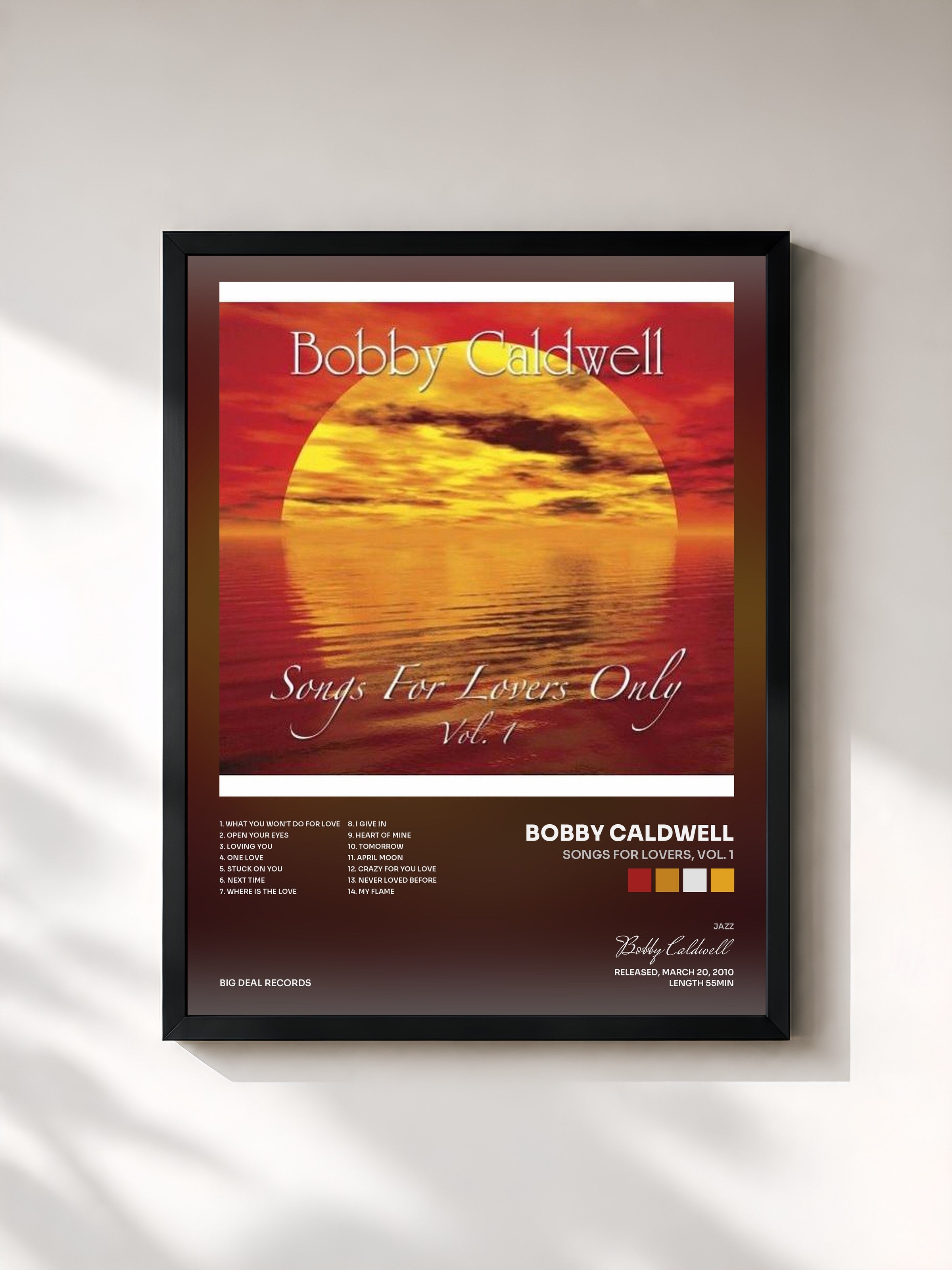 #noir Tableau de l'album Songs for Lovers, Vol. 1 de Bobby Caldwell, cadre noir, imprimé et encadré en France