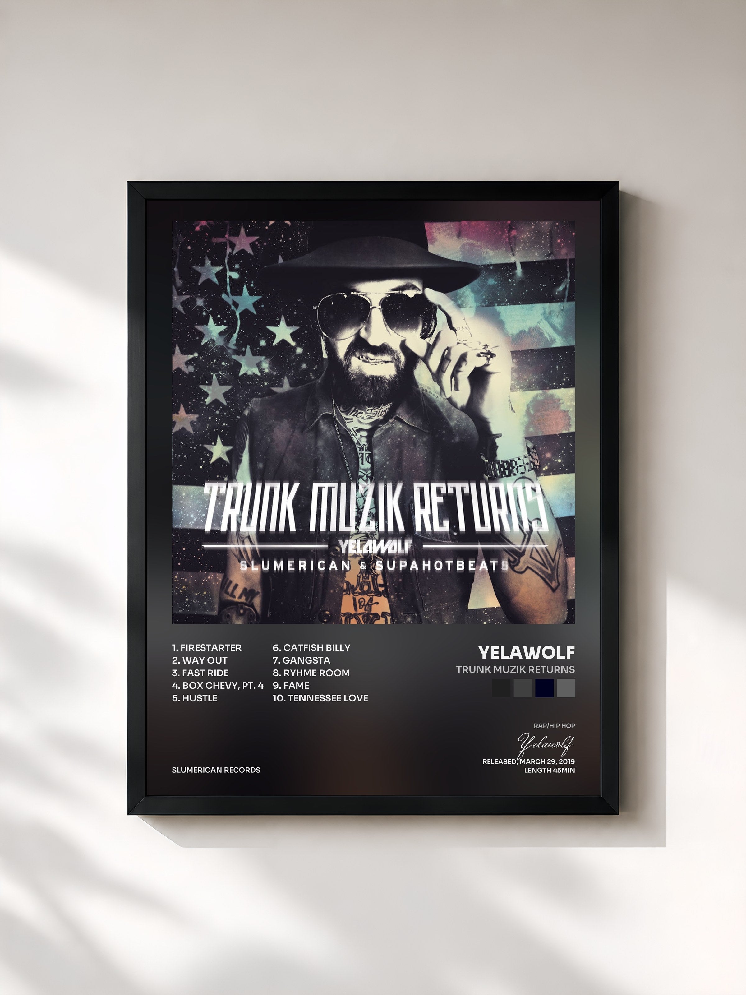 #noir Tableau de l'album Trunk Muzik Returns de Yelawolf, cadre noir, imprimé et encadré en France