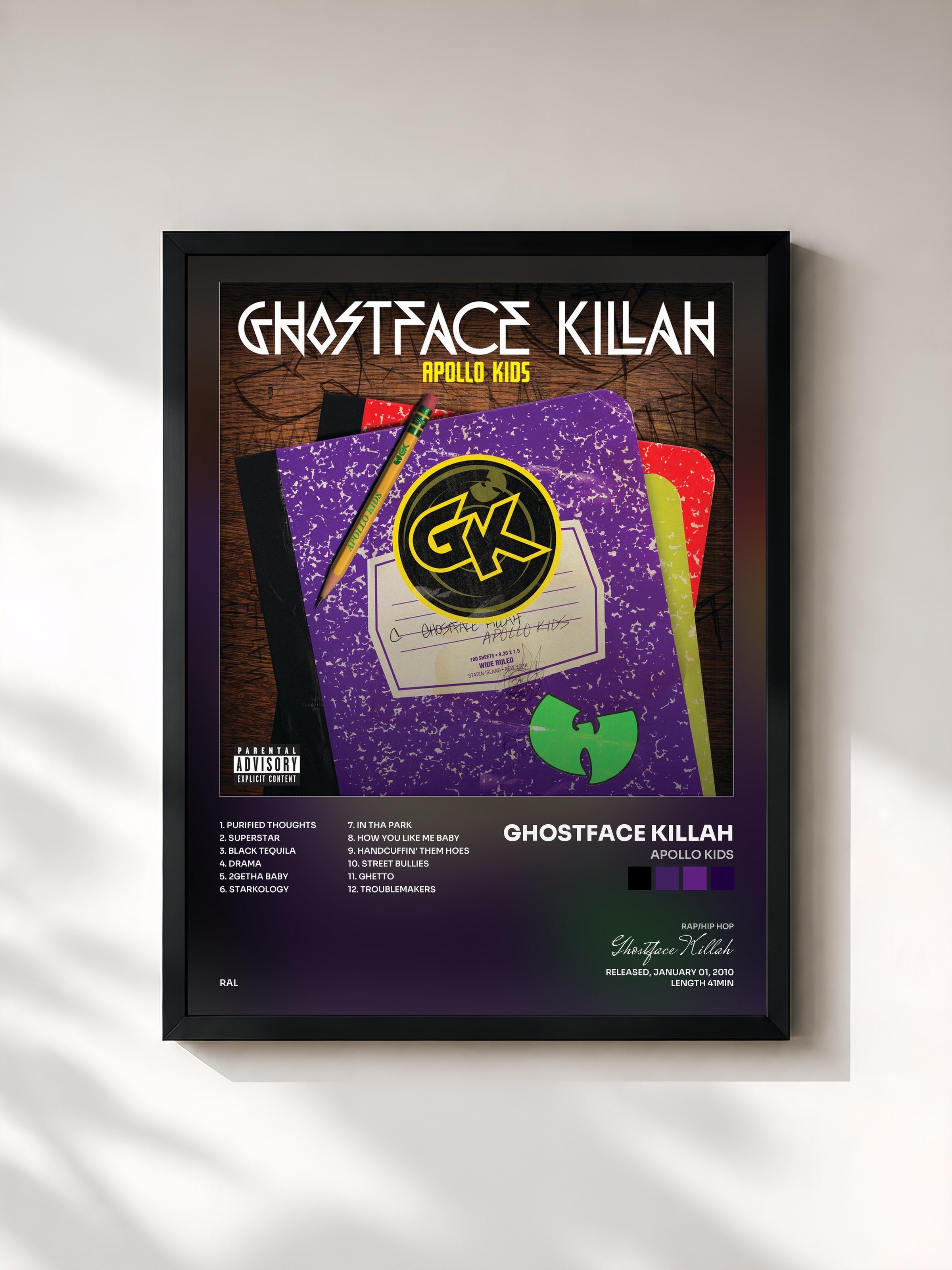#noir Tableau de l'album Apollo Kids de Ghostface Killah, cadre noir, imprimé et encadré en France