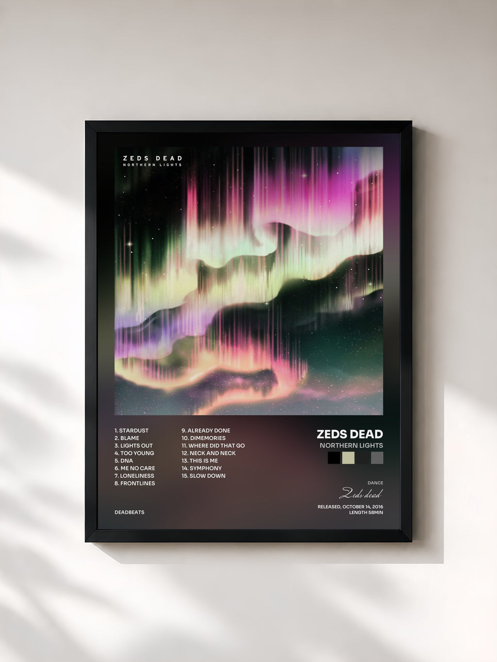 #noir Tableau de l'album Northern Lights de Zeds dead, cadre noir, imprimé et encadré en France