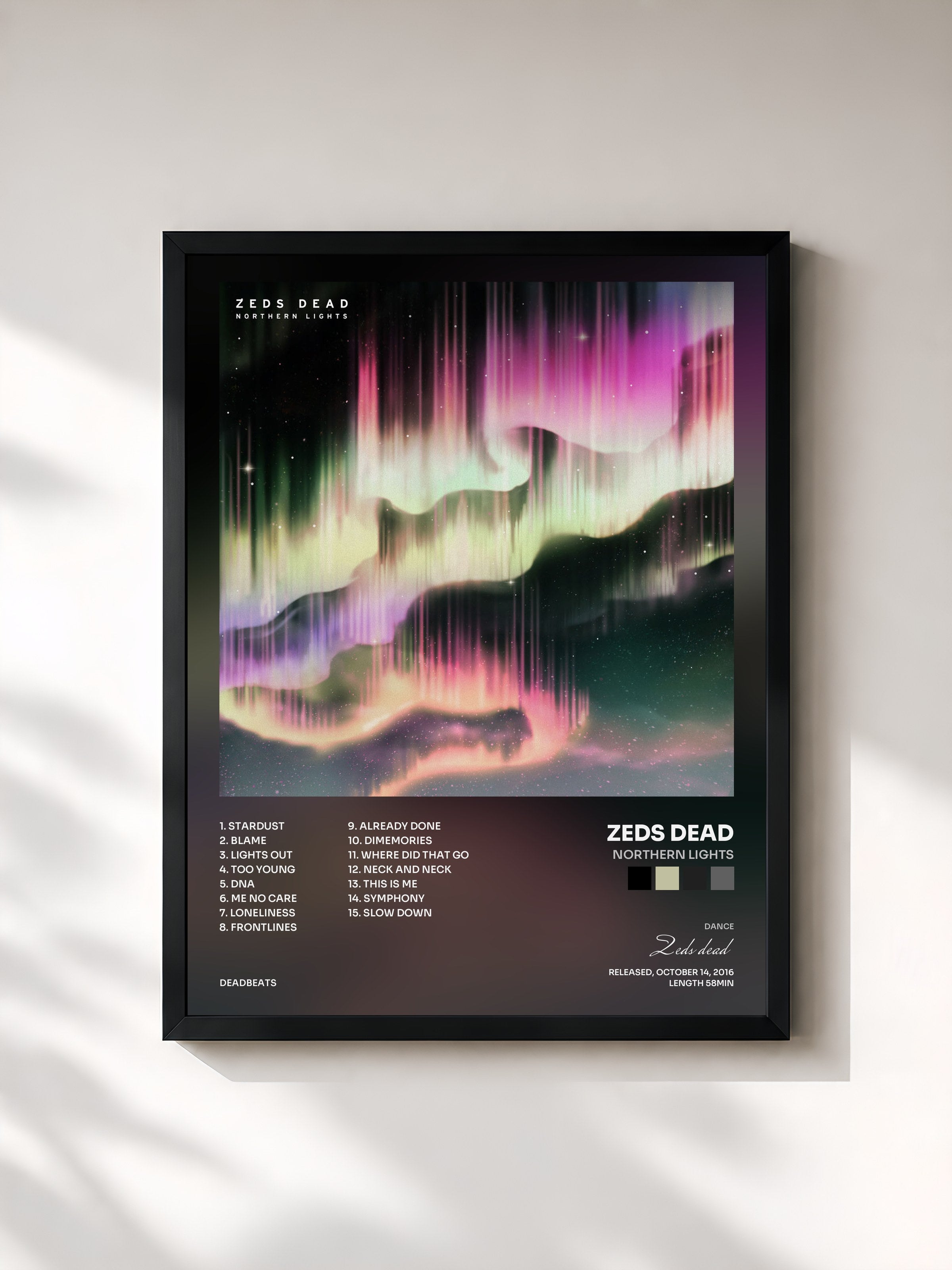 #noir Tableau de l'album Northern Lights de Zeds dead, cadre noir, imprimé et encadré en France