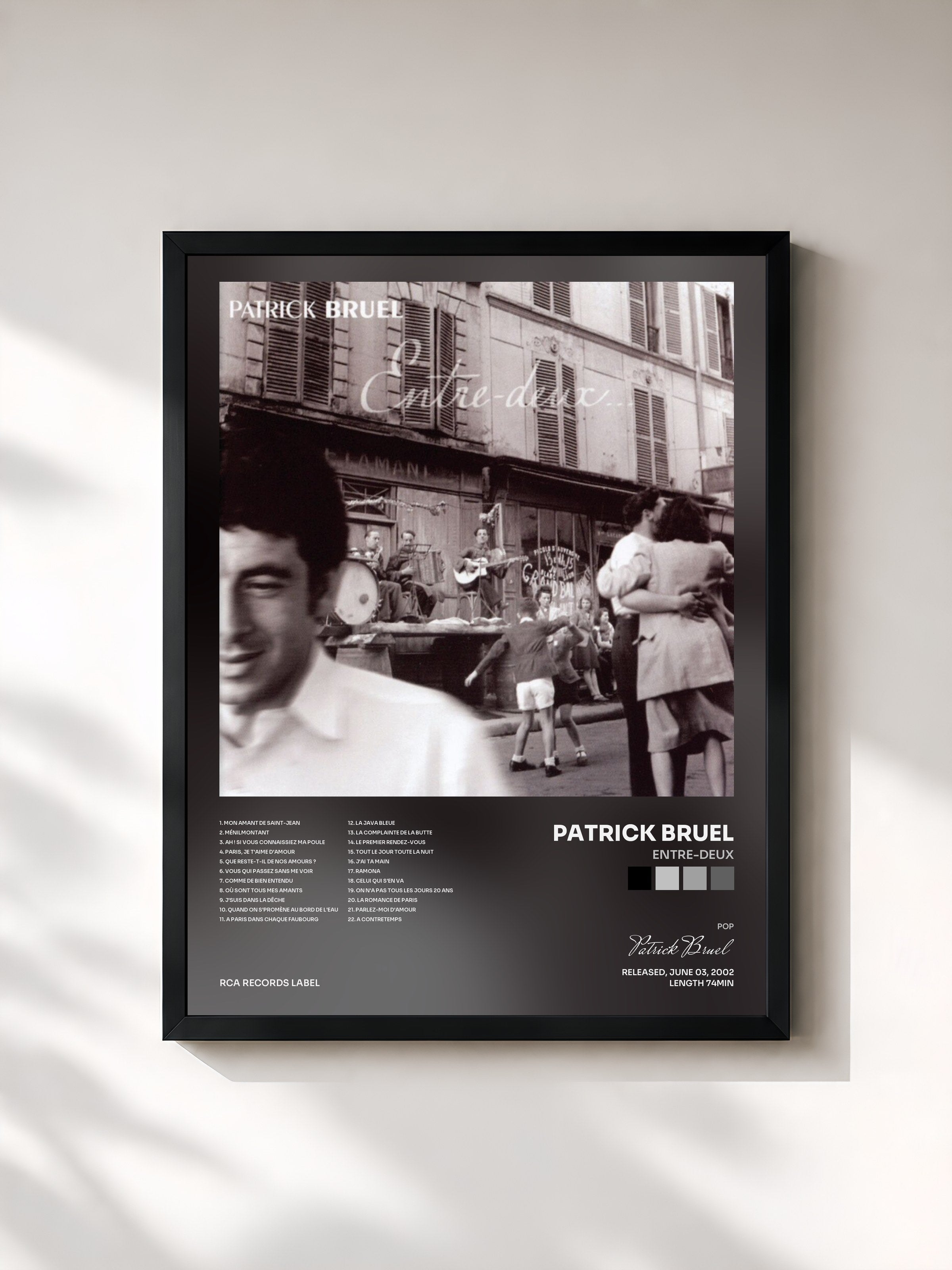 #noir Tableau de l'album Entre-deux de Patrick Bruel, cadre noir, imprimé et encadré en France
