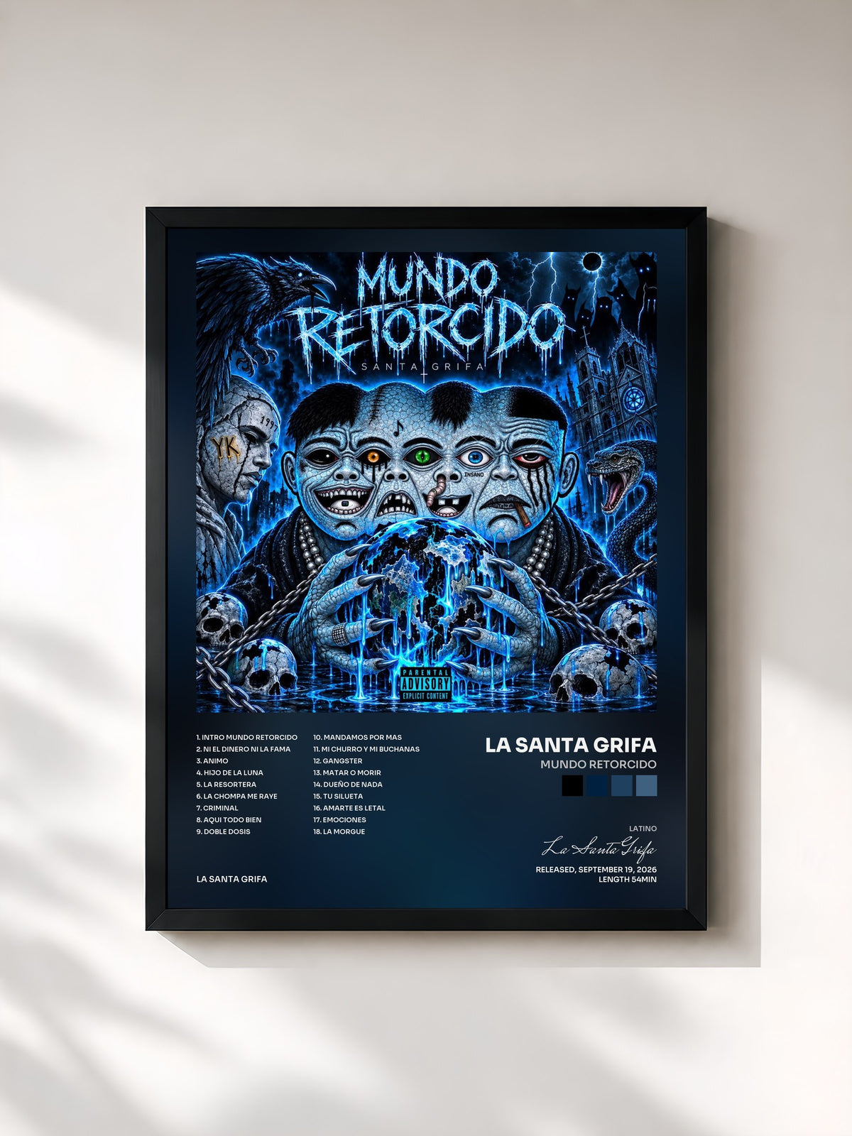 #noir Tableau de l'album Mundo Retorcido de La Santa Grifa, cadre noir, imprimé et encadré en France