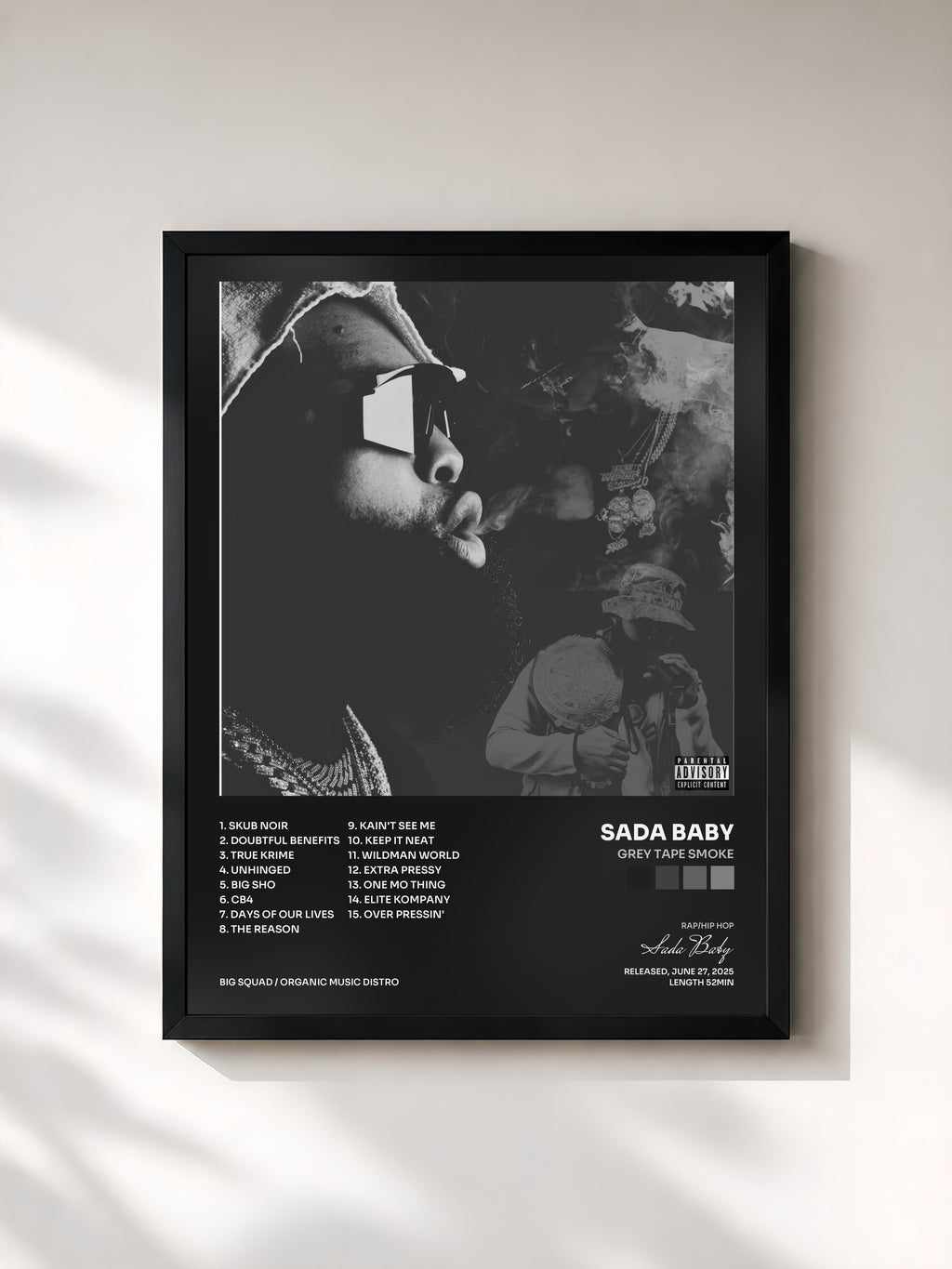 #noir Tableau de l'album Grey Tape SMOKE de Sada Baby, cadre noir, imprimé et encadré en France