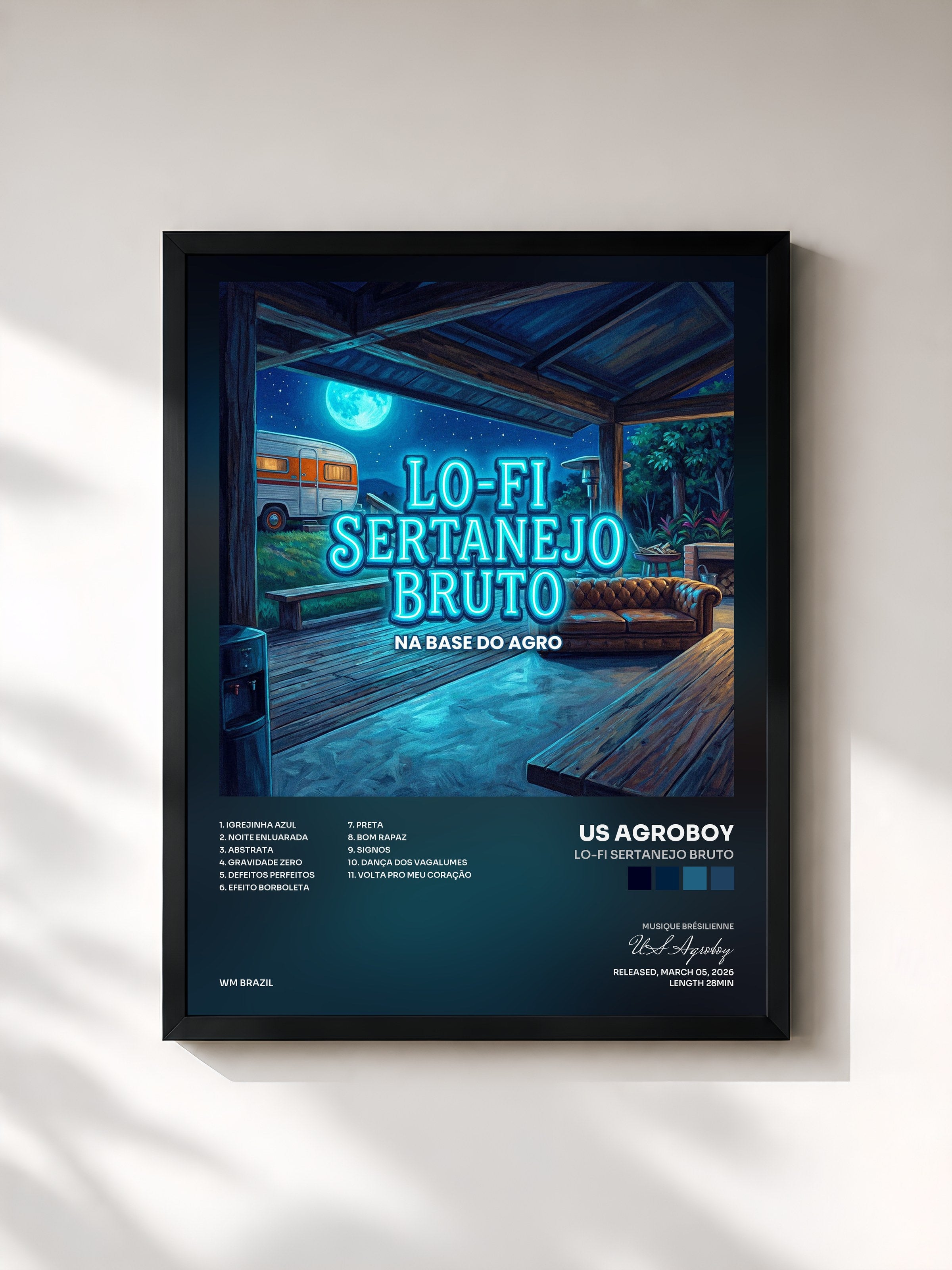 #noir Tableau de l'album Lo-Fi Sertanejo Bruto de US Agroboy, cadre noir, imprimé et encadré en France