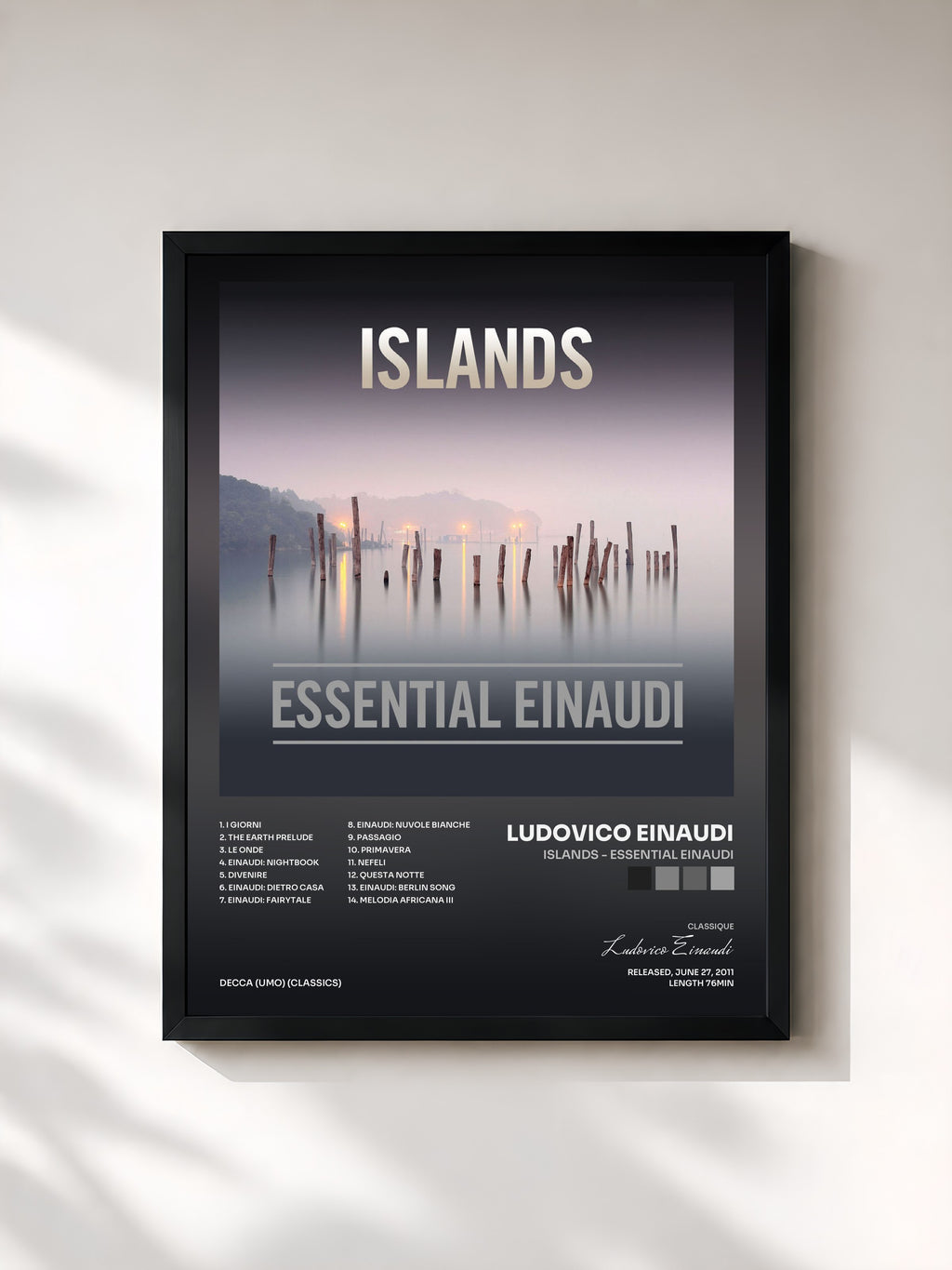 #noir Tableau de l'album Islands - Essential Einaudi de Ludovico Einaudi, cadre noir, imprimé et encadré en France