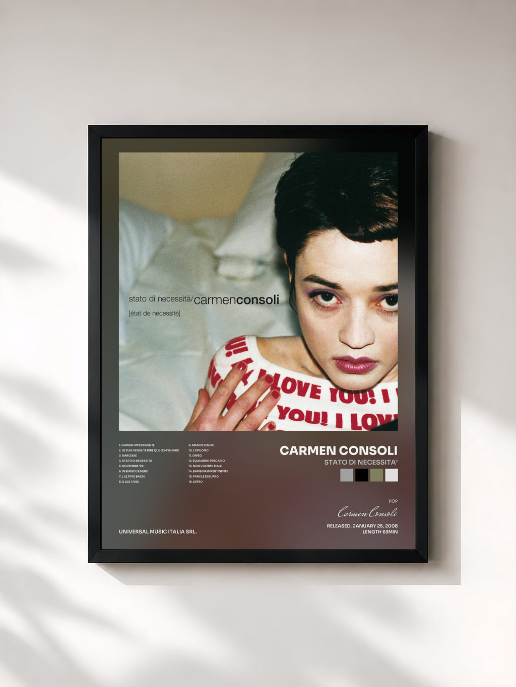 #noir Tableau de l'album Stato Di Necessita' de Carmen Consoli, cadre noir, imprimé et encadré en France