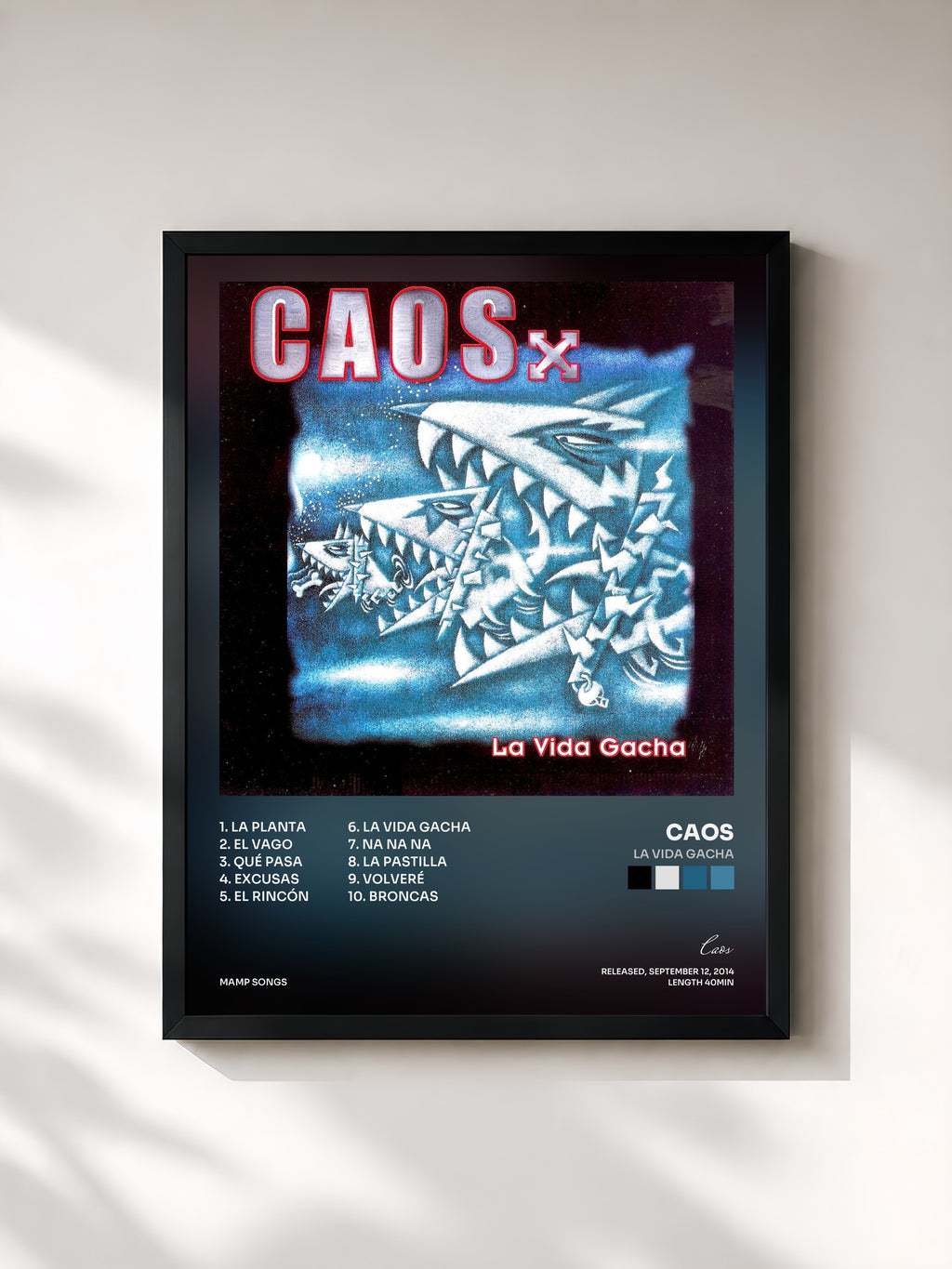 #noir Tableau de l'album La Vida Gacha de Caos, cadre noir, imprimé et encadré en France