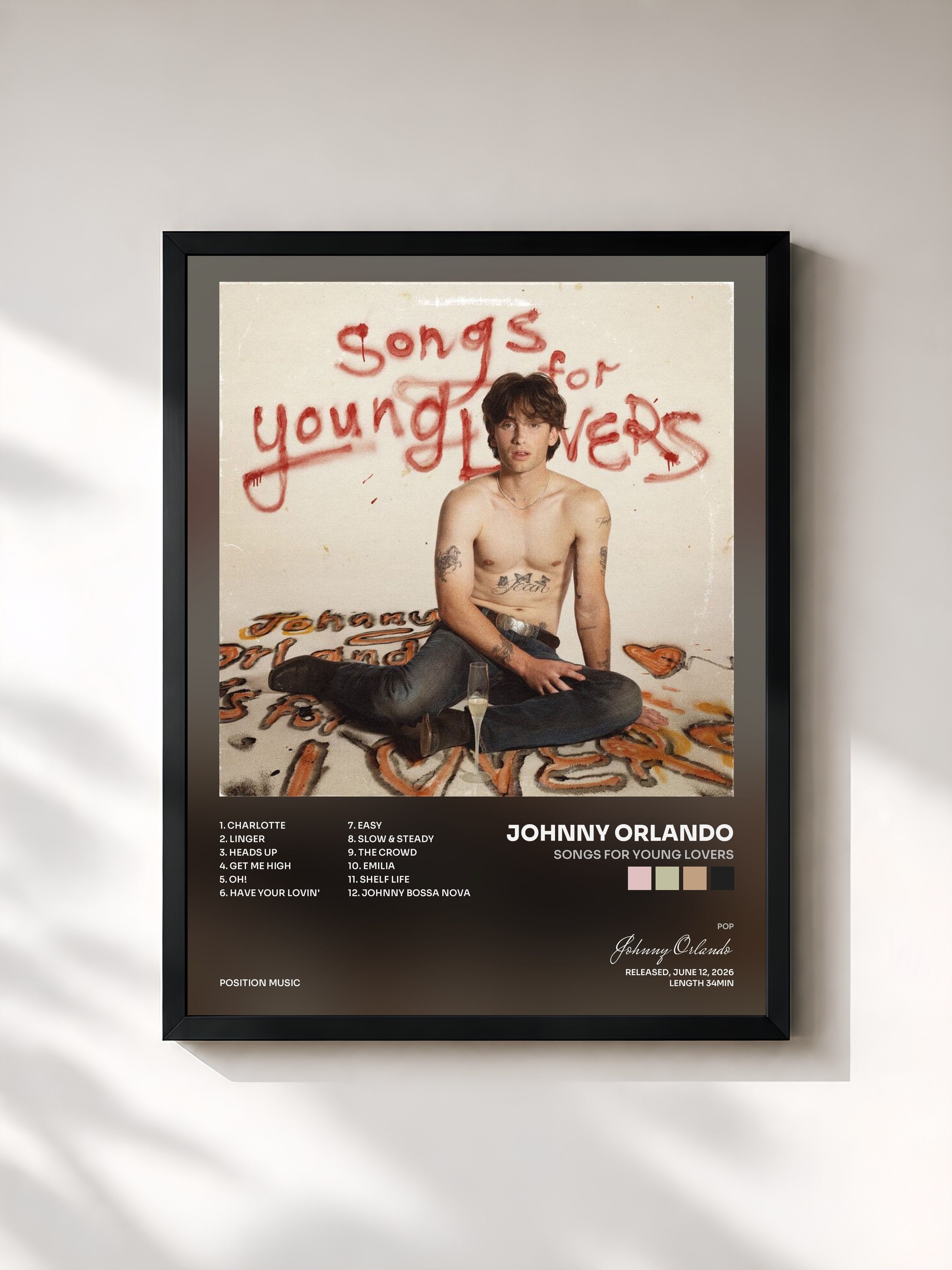 #noir Tableau de l'album Songs for Young Lovers de Johnny Orlando, cadre noir, imprimé et encadré en France