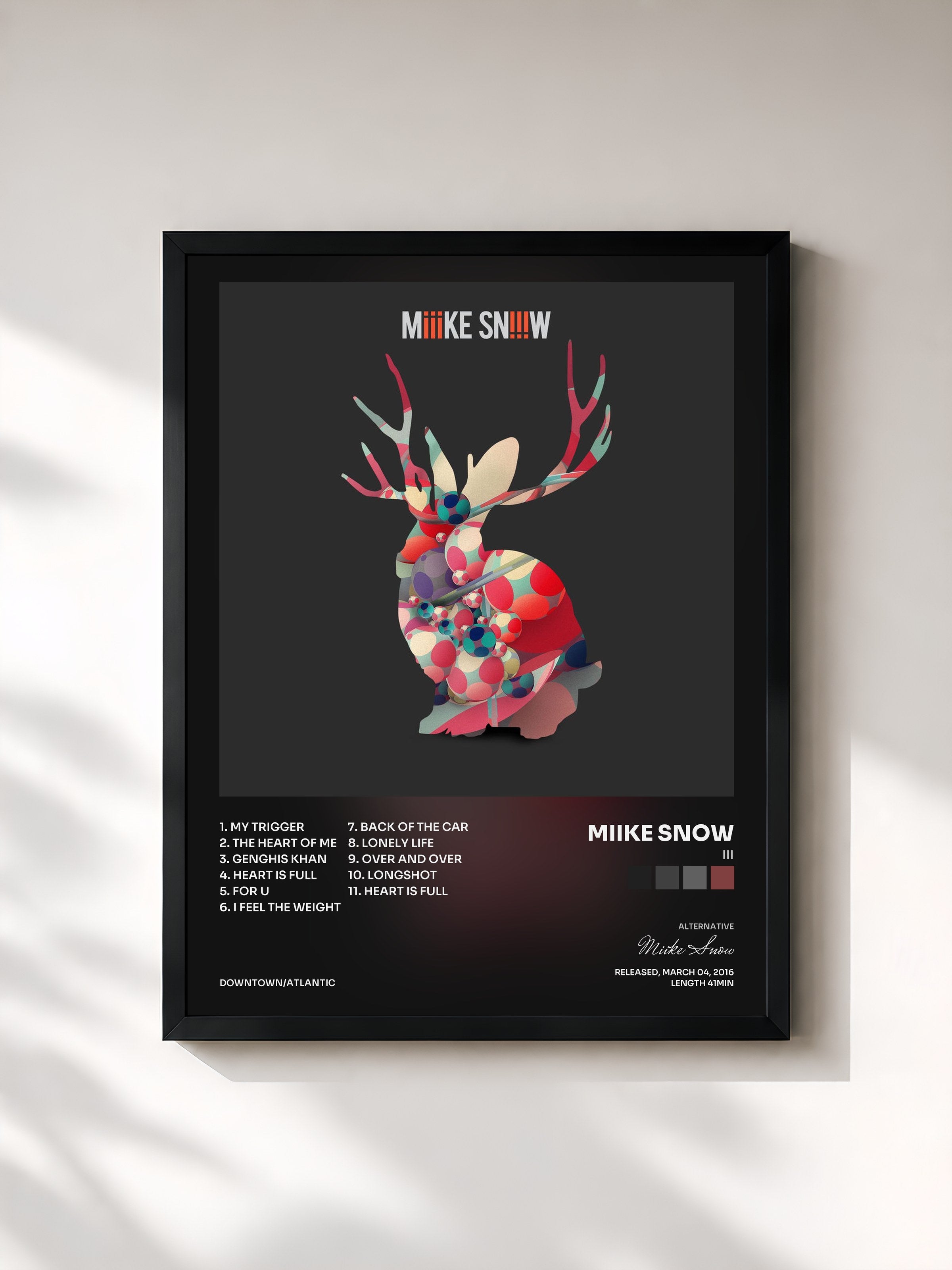 #noir Tableau de l'album iii de Miike Snow, cadre noir, imprimé et encadré en France