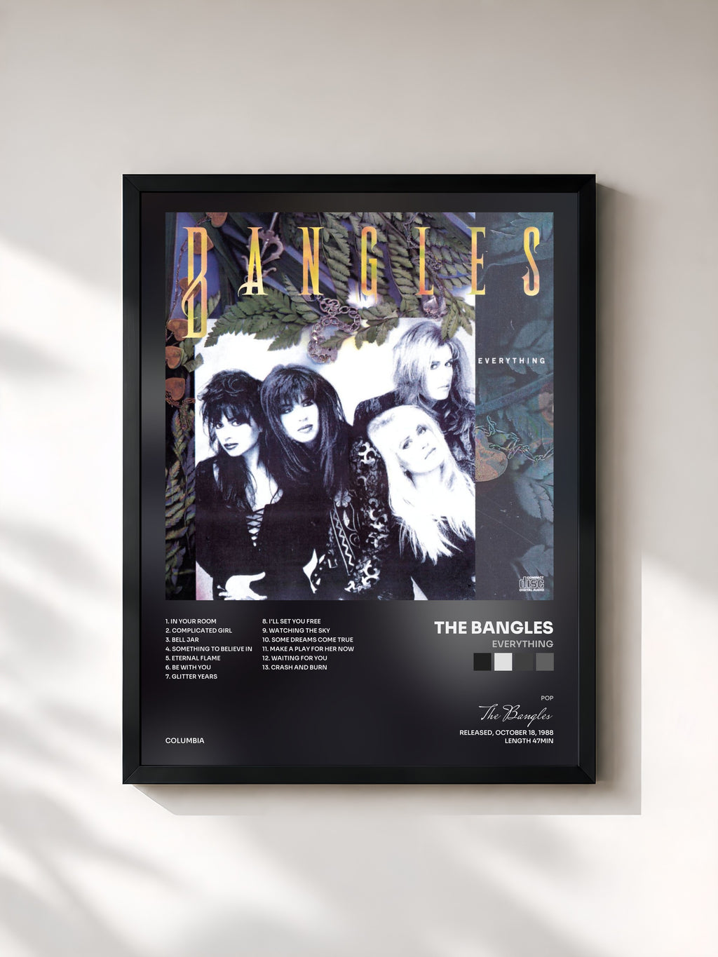 #noir Tableau de l'album Everything de The Bangles, cadre noir, imprimé et encadré en France