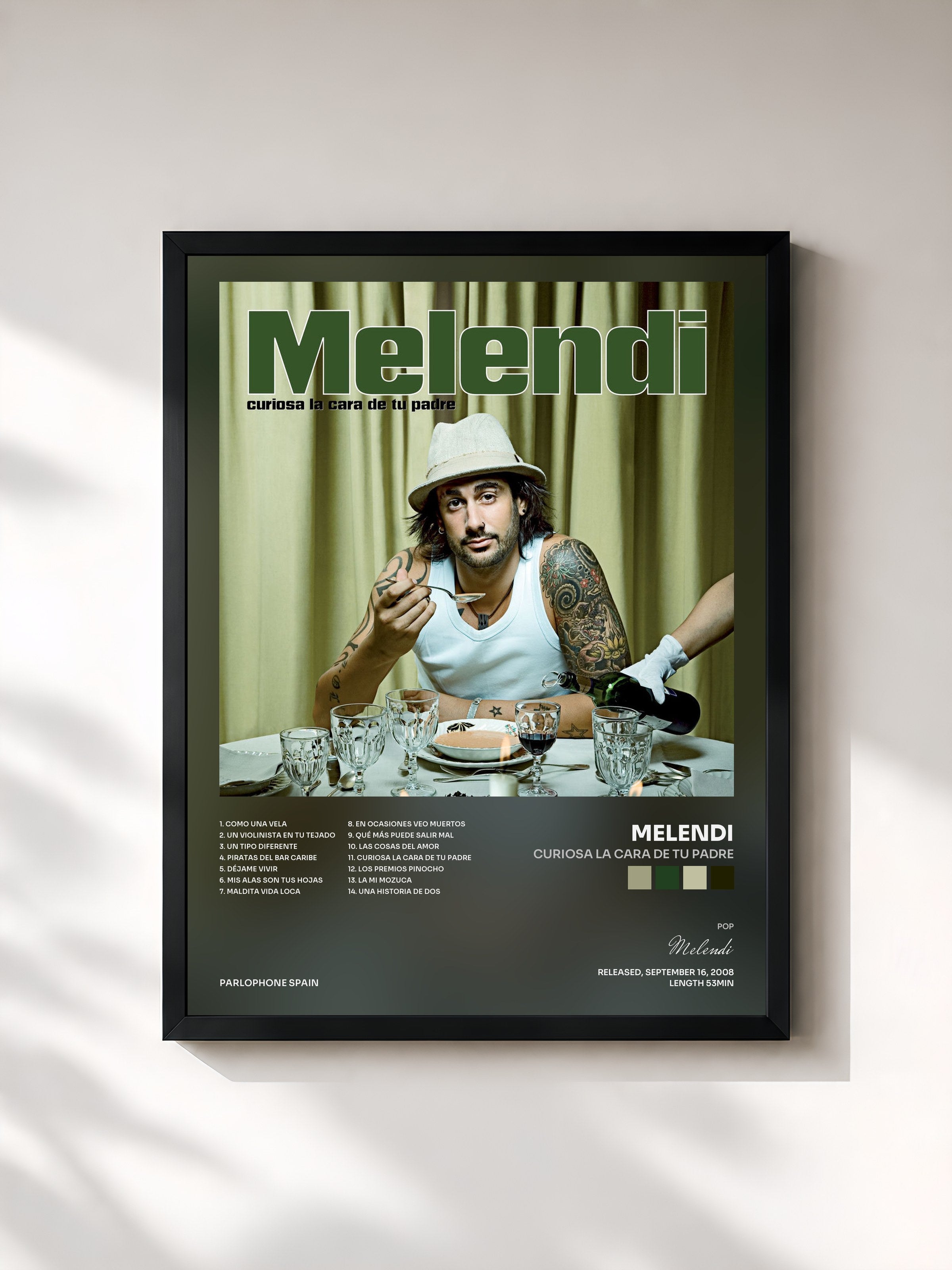 #noir Tableau de l'album Curiosa La Cara De Tu Padre de Melendi, cadre noir, imprimé et encadré en France