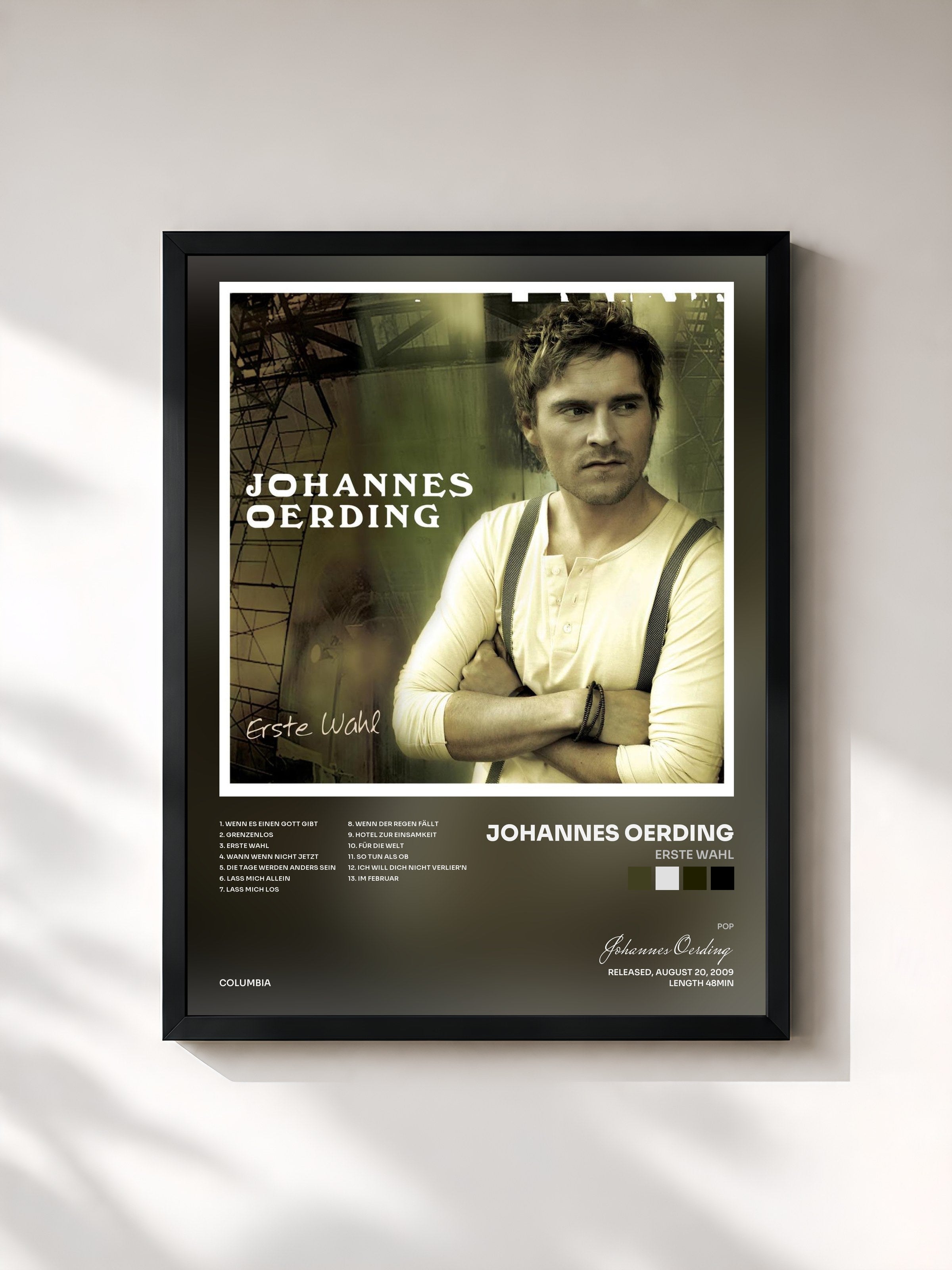 #noir Tableau de l'album Erste Wahl de Johannes Oerding, cadre noir, imprimé et encadré en France