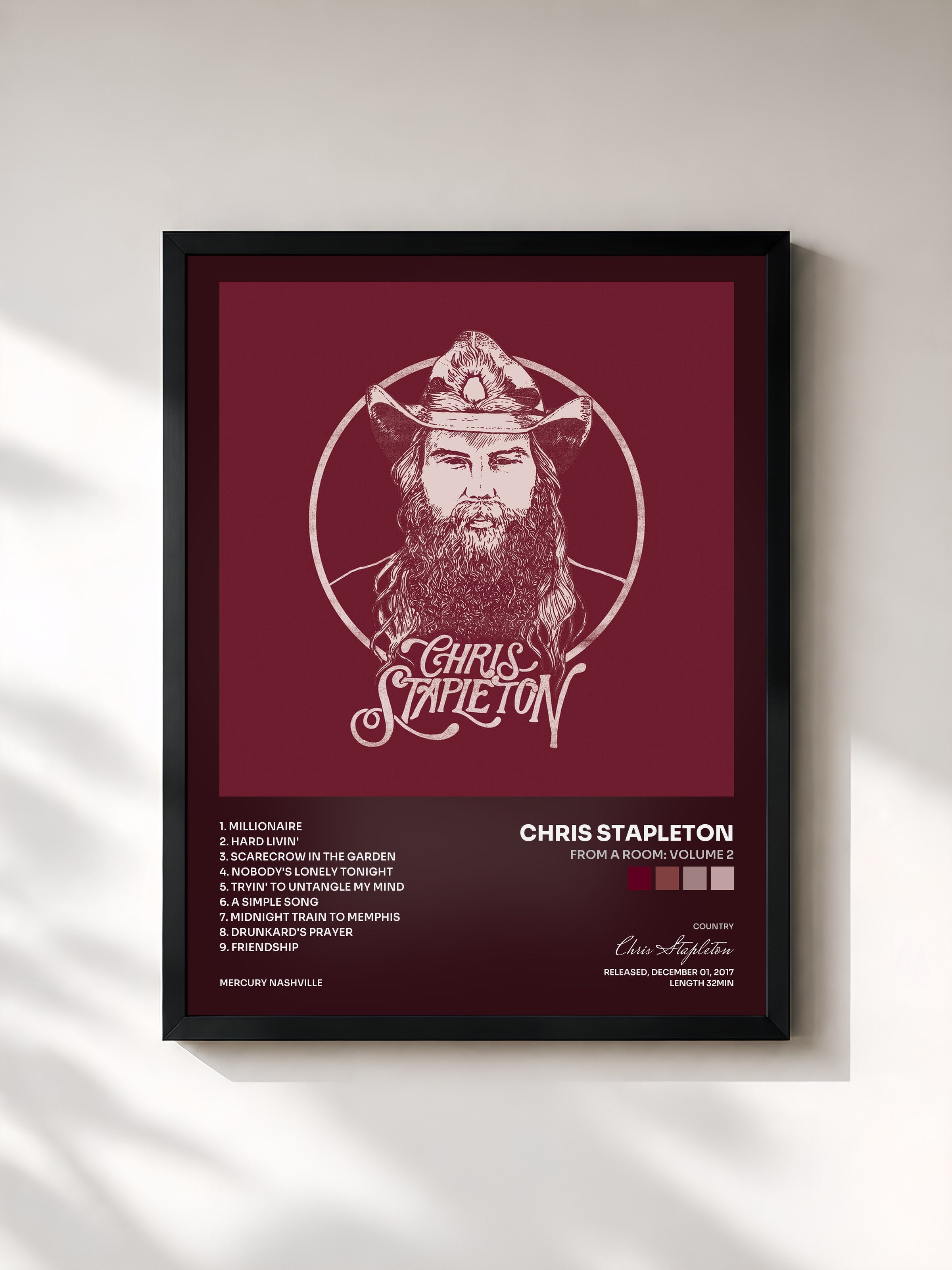 #noir Tableau de l'album From A Room: Volume 2 de Chris Stapleton, cadre noir, imprimé et encadré en France
