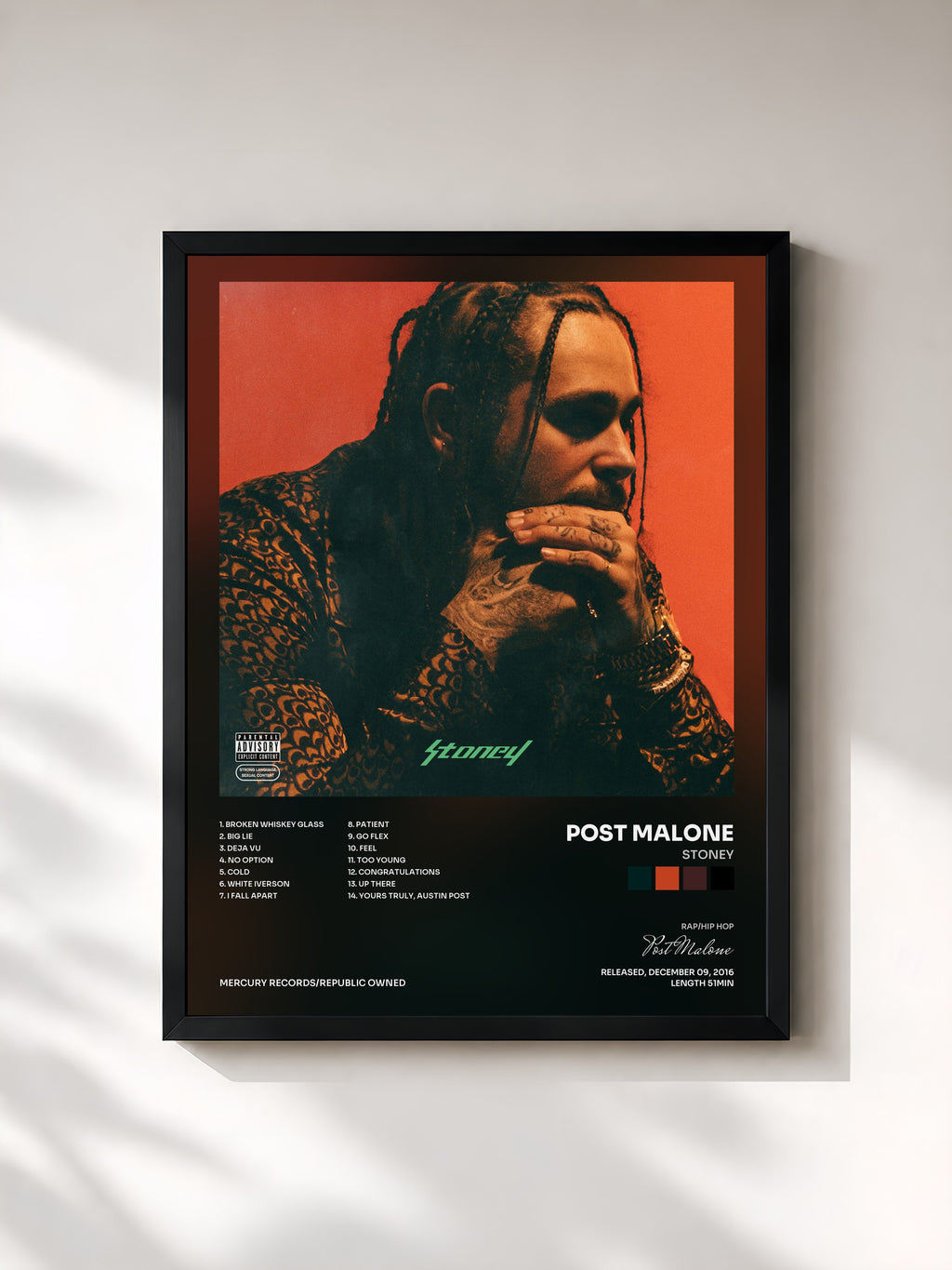 #noir Tableau de l'album Stoney de Post Malone, cadre noir, imprimé et encadré en France