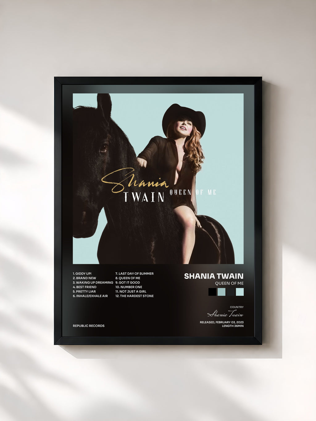 #noir Tableau de l'album Queen Of Me de Shania Twain, cadre noir, imprimé et encadré en France